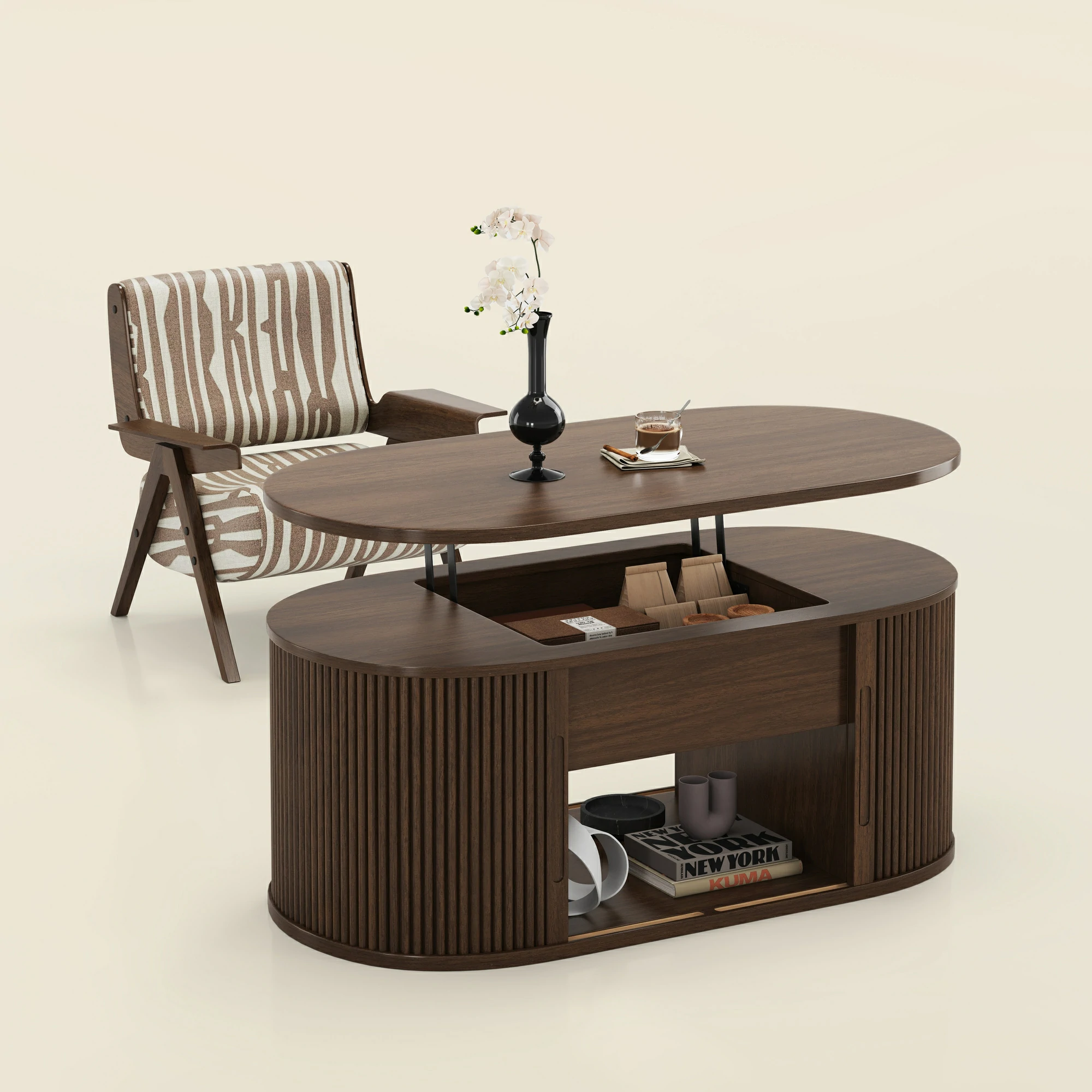 LUPUK Oval Fluted Lift Top Coffee Table