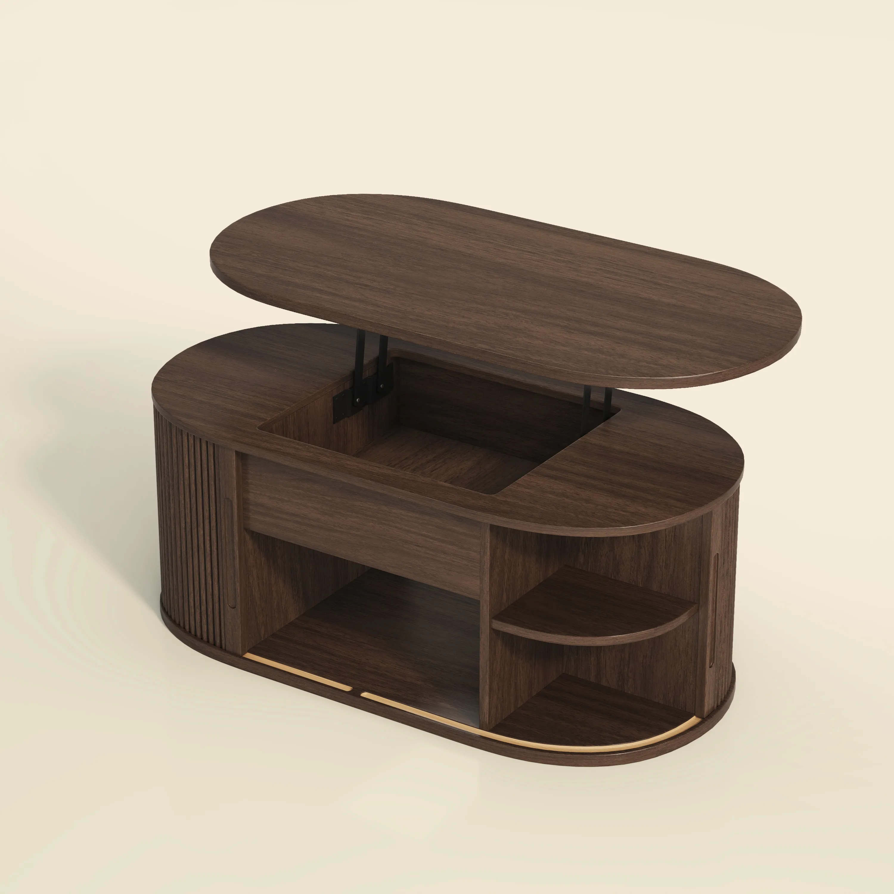LUPUK Oval Lift Top Coffee Table, Mid-Century Storage Table with Tambour Doors