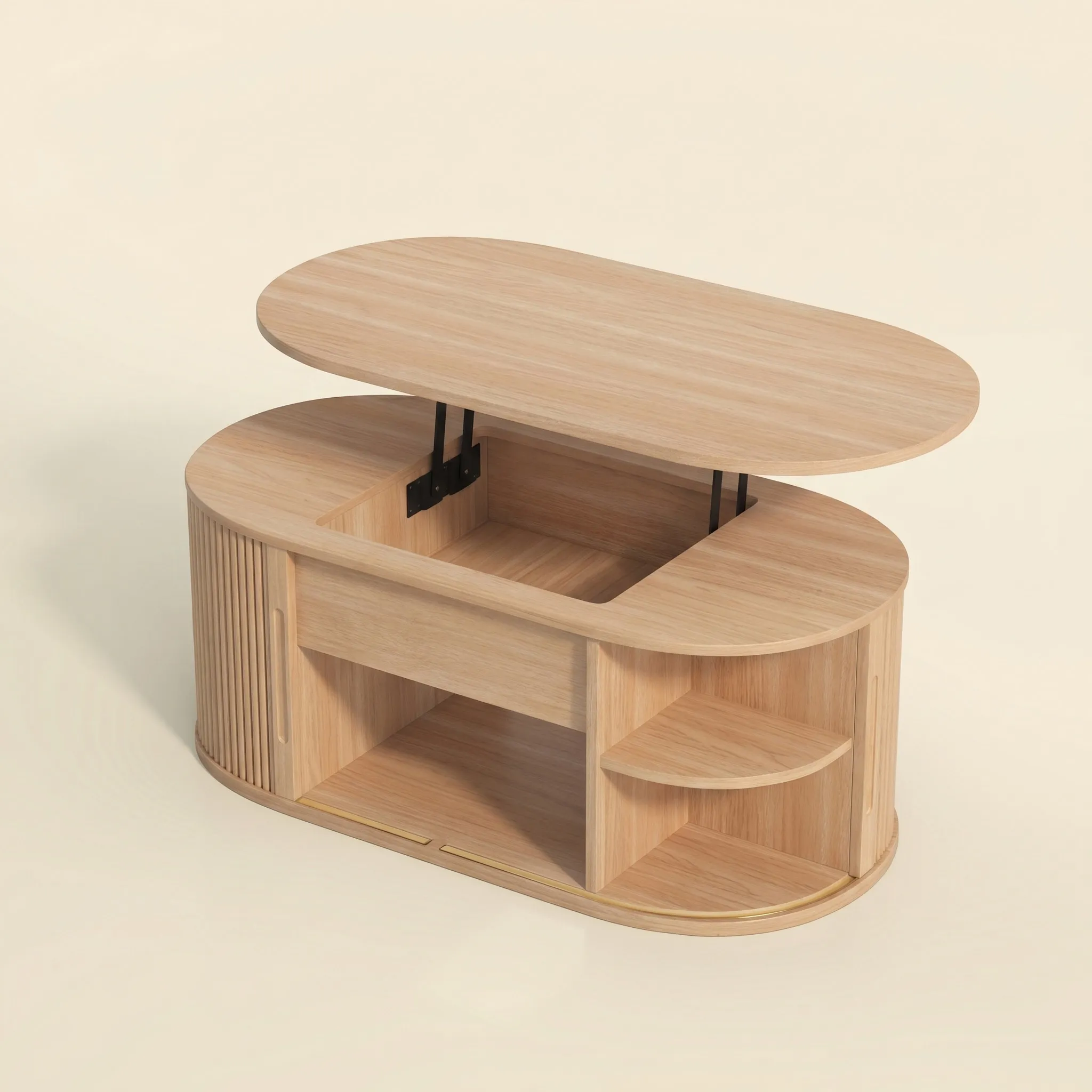 LUPUK Oval Lift Top Coffee Table, Mid-Century Storage Table with Tambour Doors