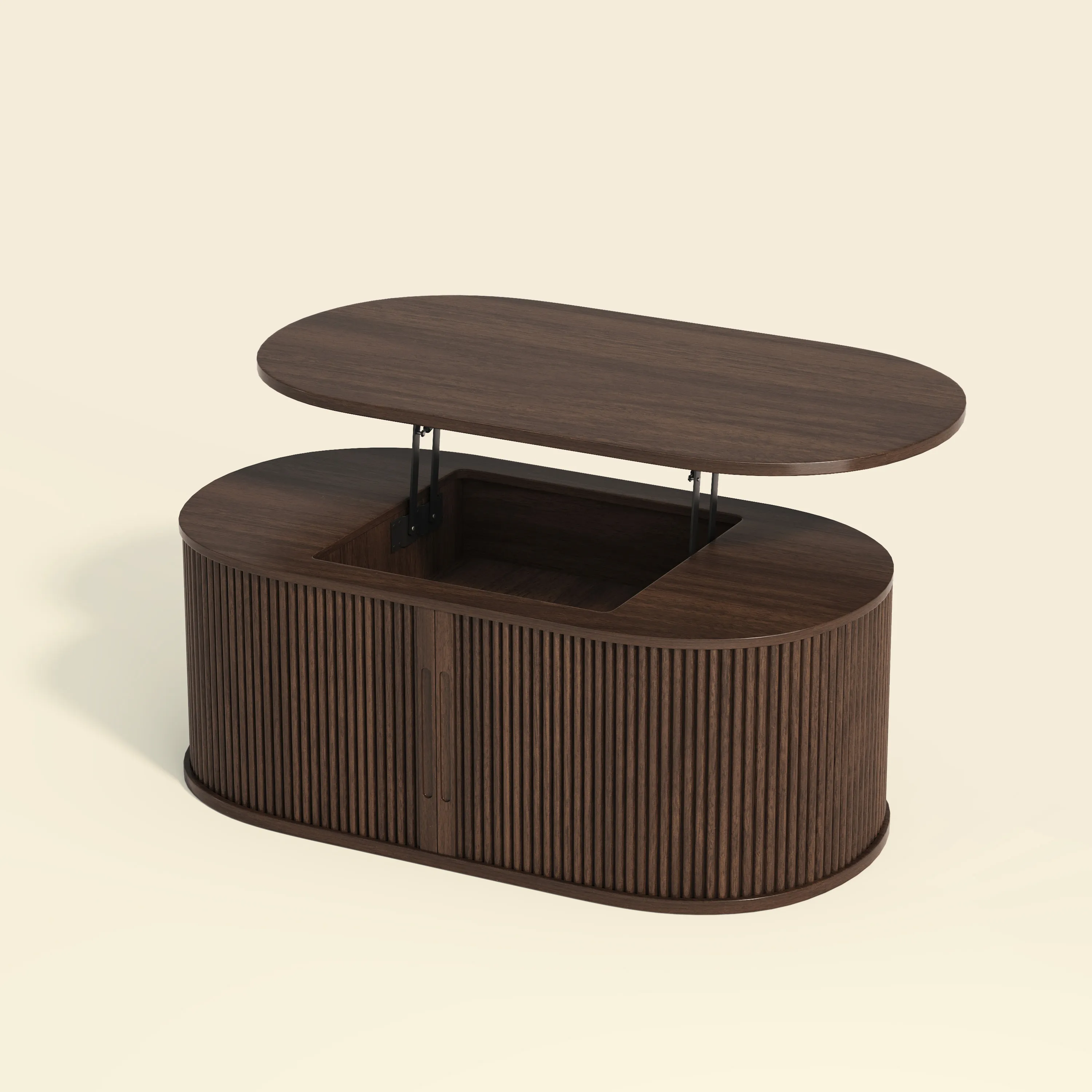LUPUK Oval Lift Top Coffee Table, Mid-Century Storage Table with Tambour Doors