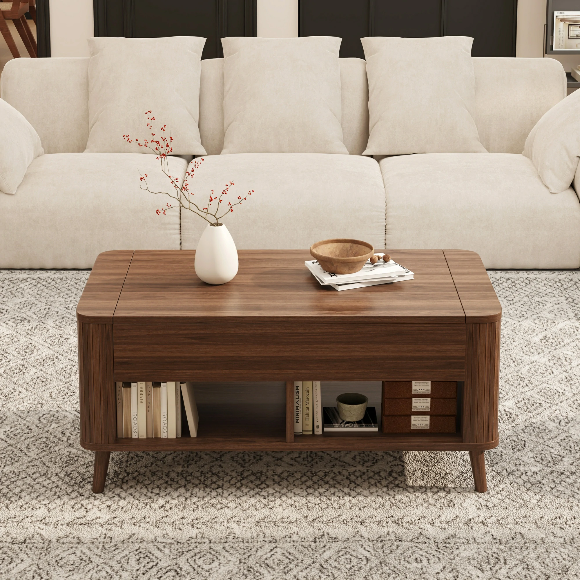 LUPUK Rectangular Lift Top Coffee Table with Hidden Storage and Open Shelves
