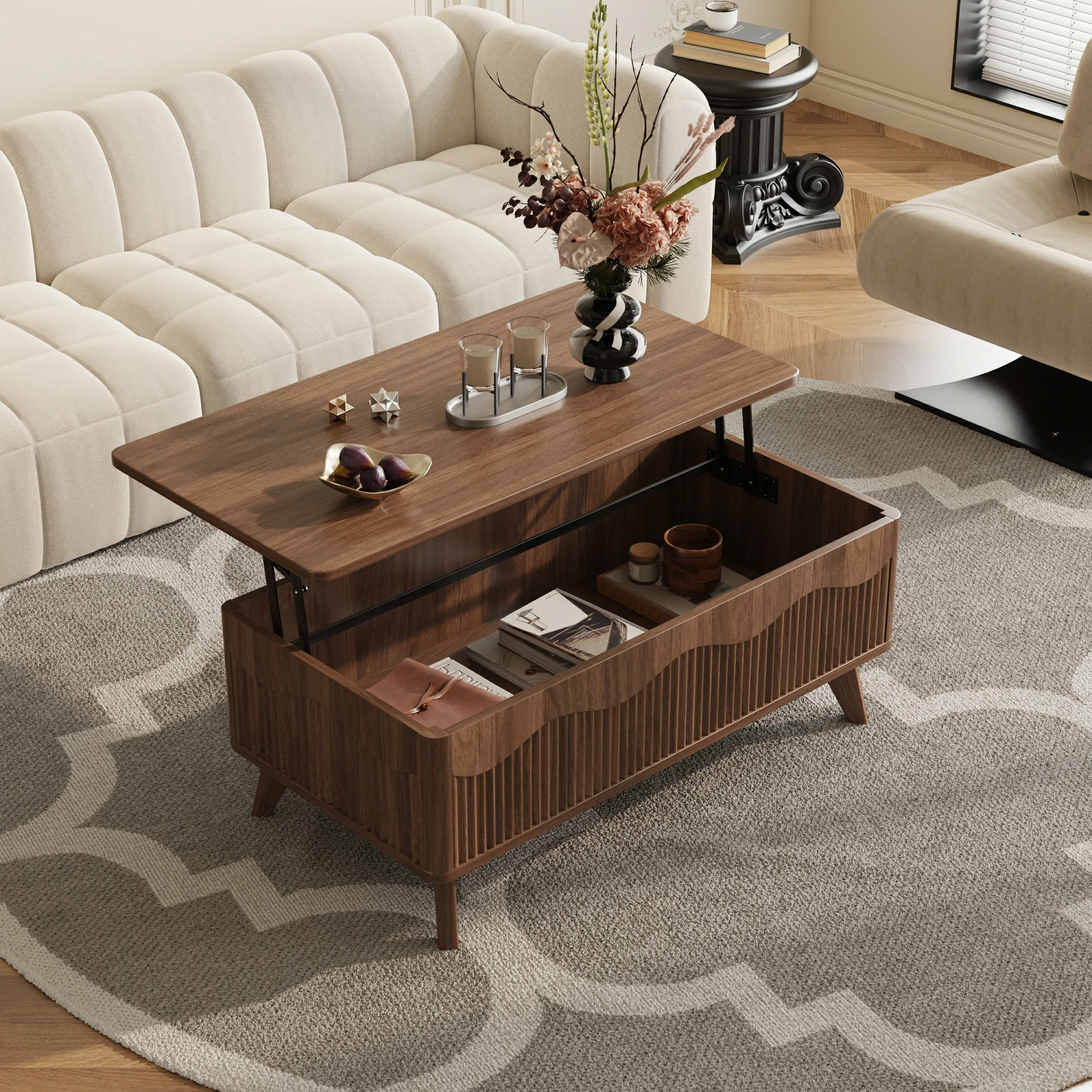 LUPUK Scalloped Lift Top Coffee Table with Hidden Storage