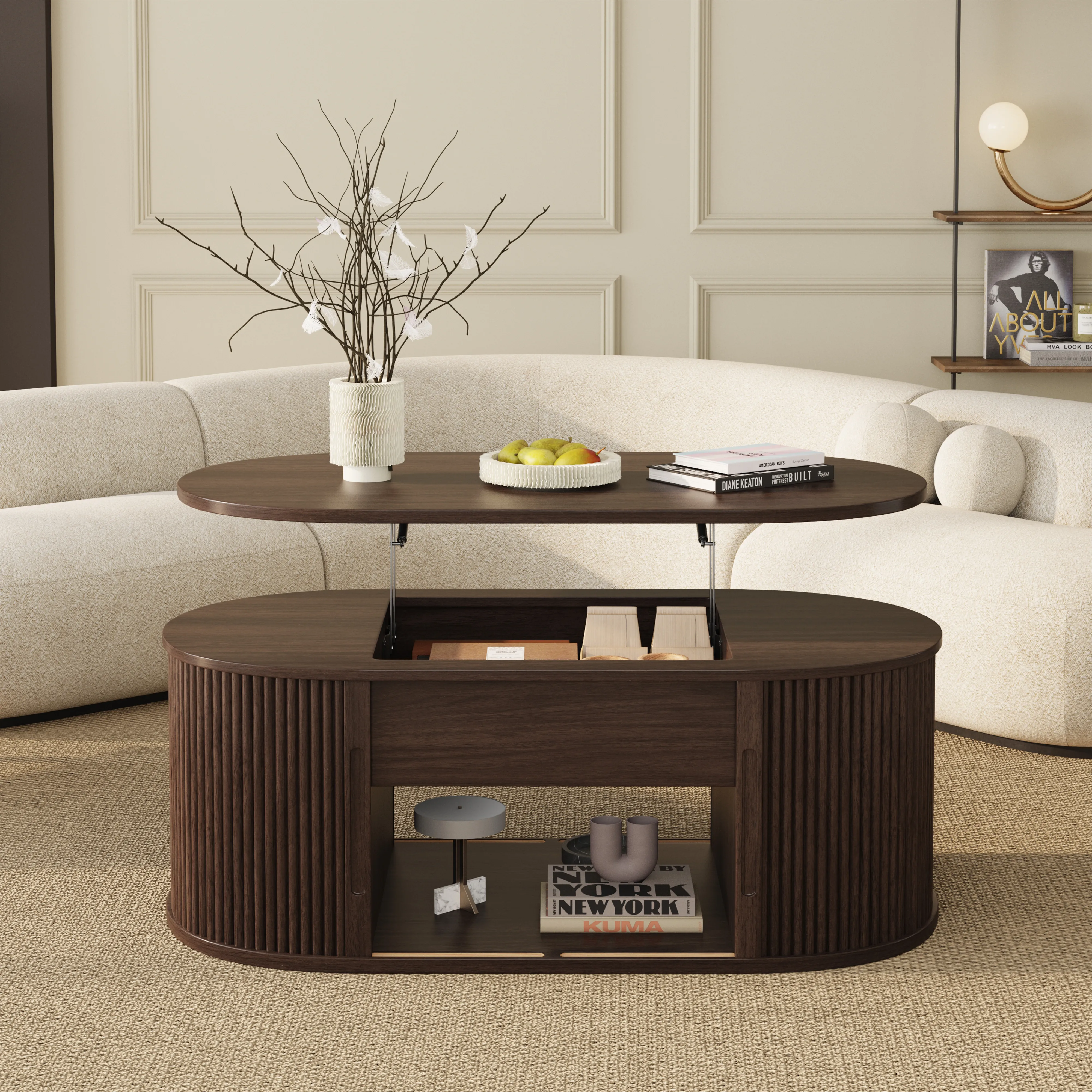 LUPUK Oval Lift Top Coffee Table, Mid-Century Storage Table with Tambour Doors
