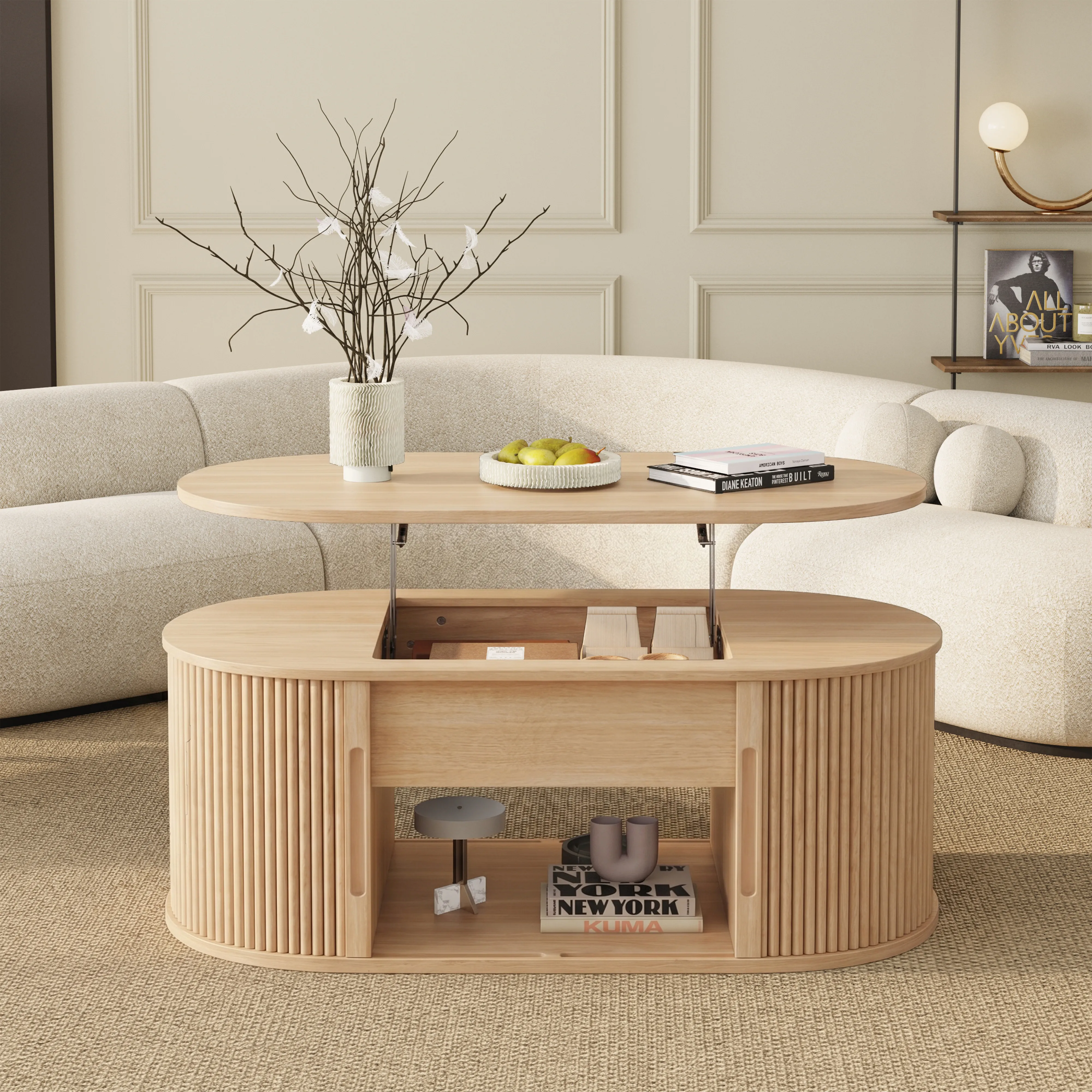 LUPUK Oval Lift Top Coffee Table, Mid-Century Storage Table with Tambour Doors