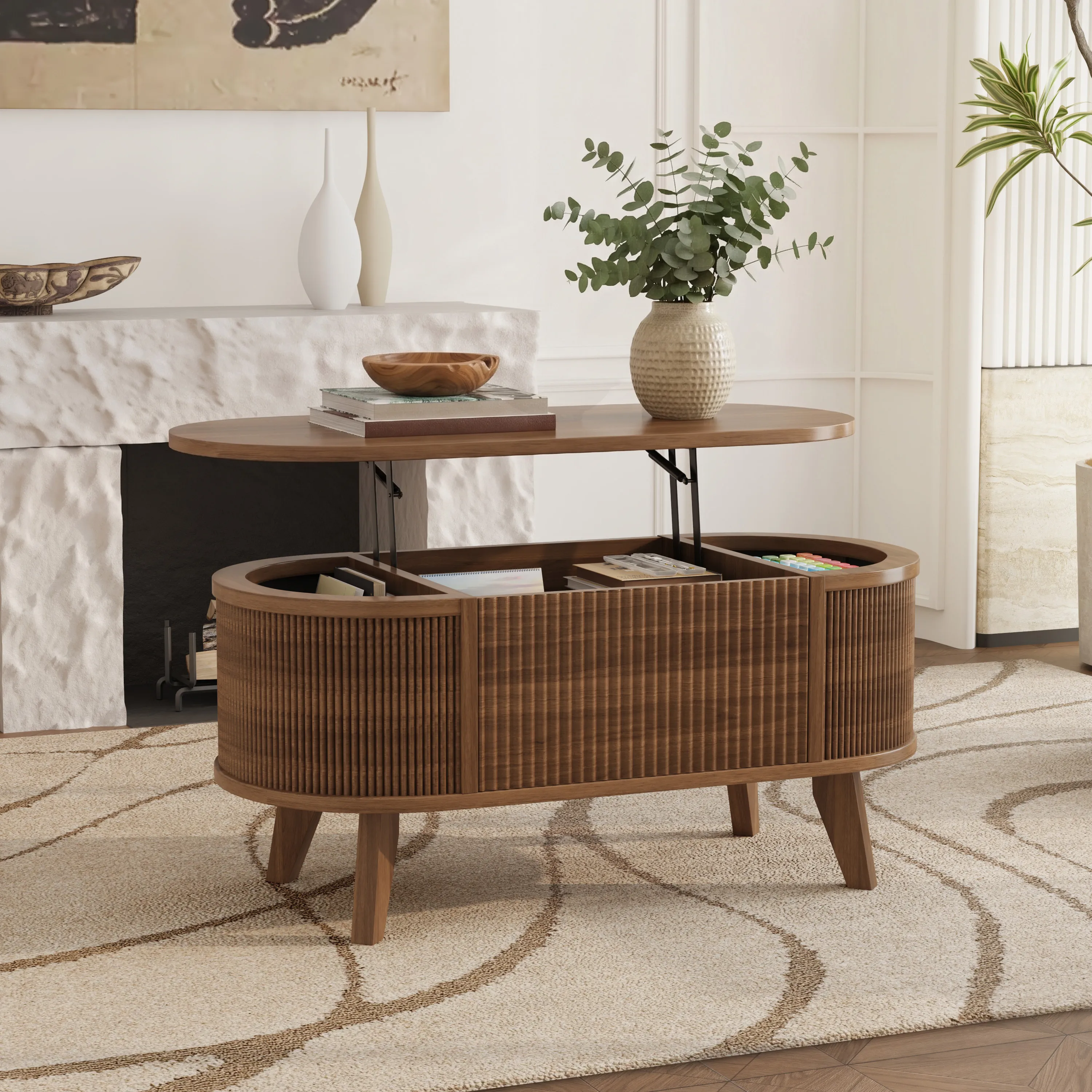 LUPUK Fluted Lift Top Coffee Table, Storage Center Table with Walnut Finish