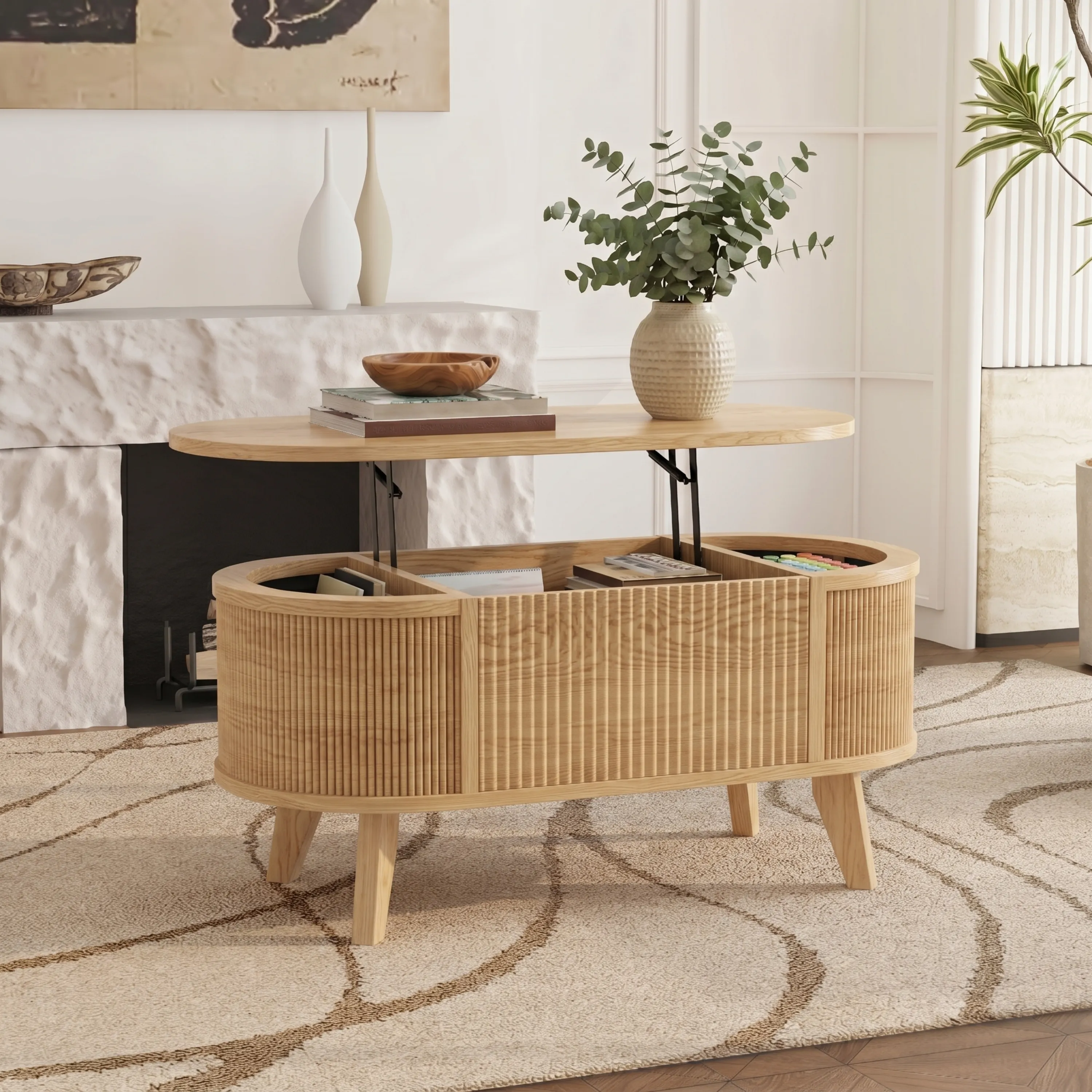 LUPUK Fluted Lift Top Coffee Table, Storage Center Table with Walnut Finish