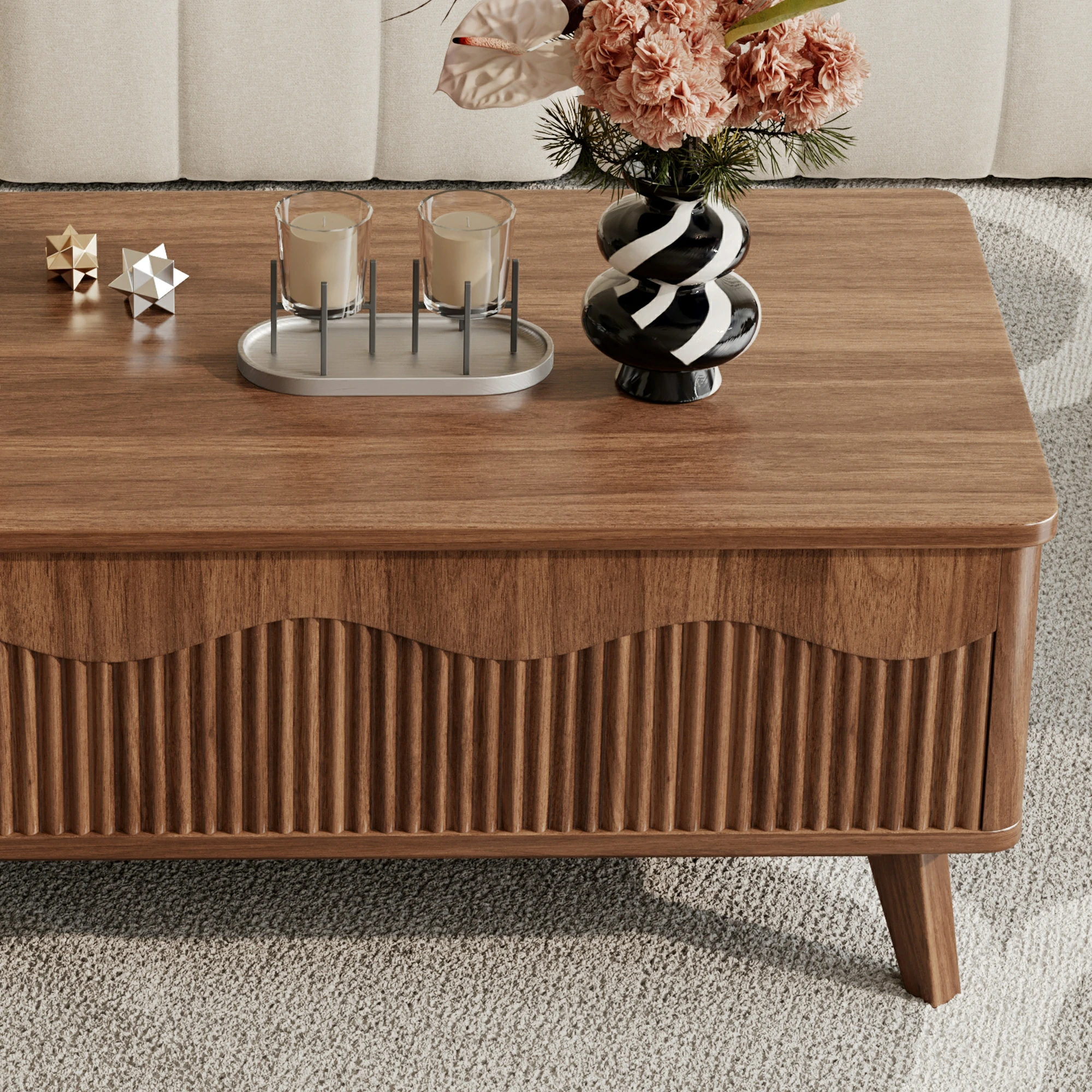LUPUK Scalloped Lift Top Coffee Table with Hidden Storage
