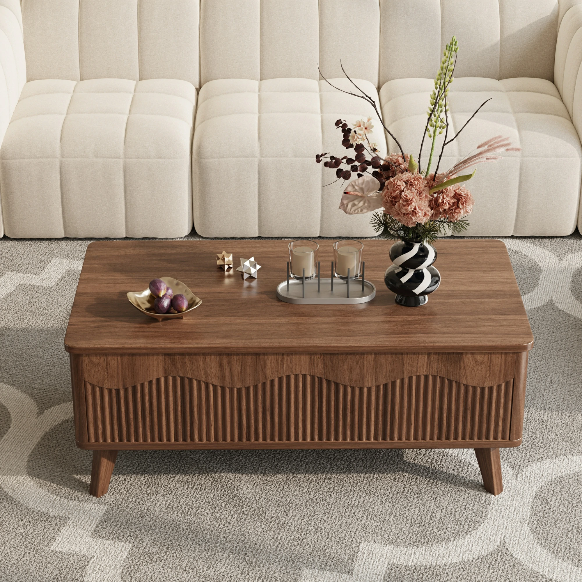 LUPUK Scalloped Lift Top Coffee Table with Hidden Storage