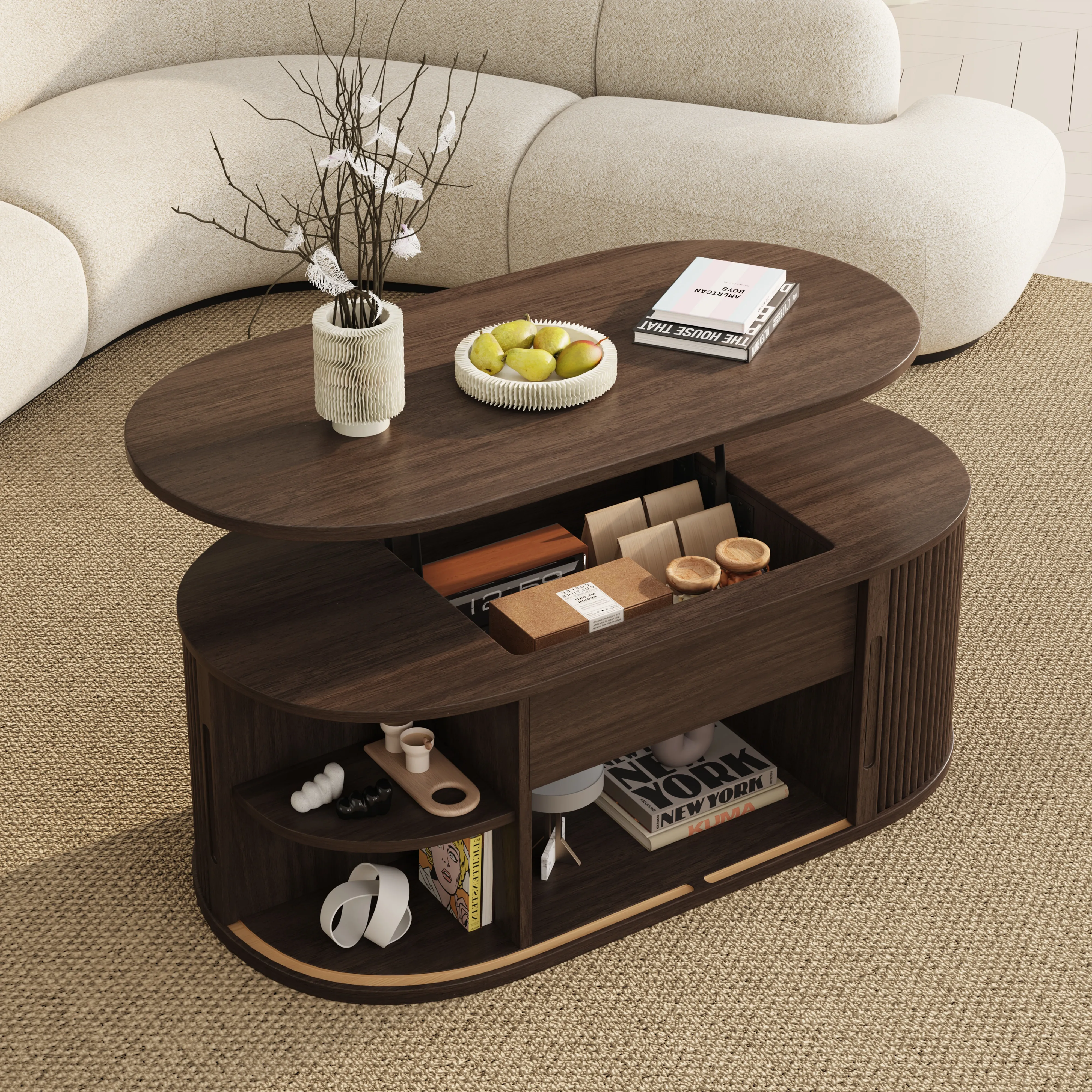 LUPUK Oval Lift Top Coffee Table, Mid-Century Storage Table with Tambour Doors