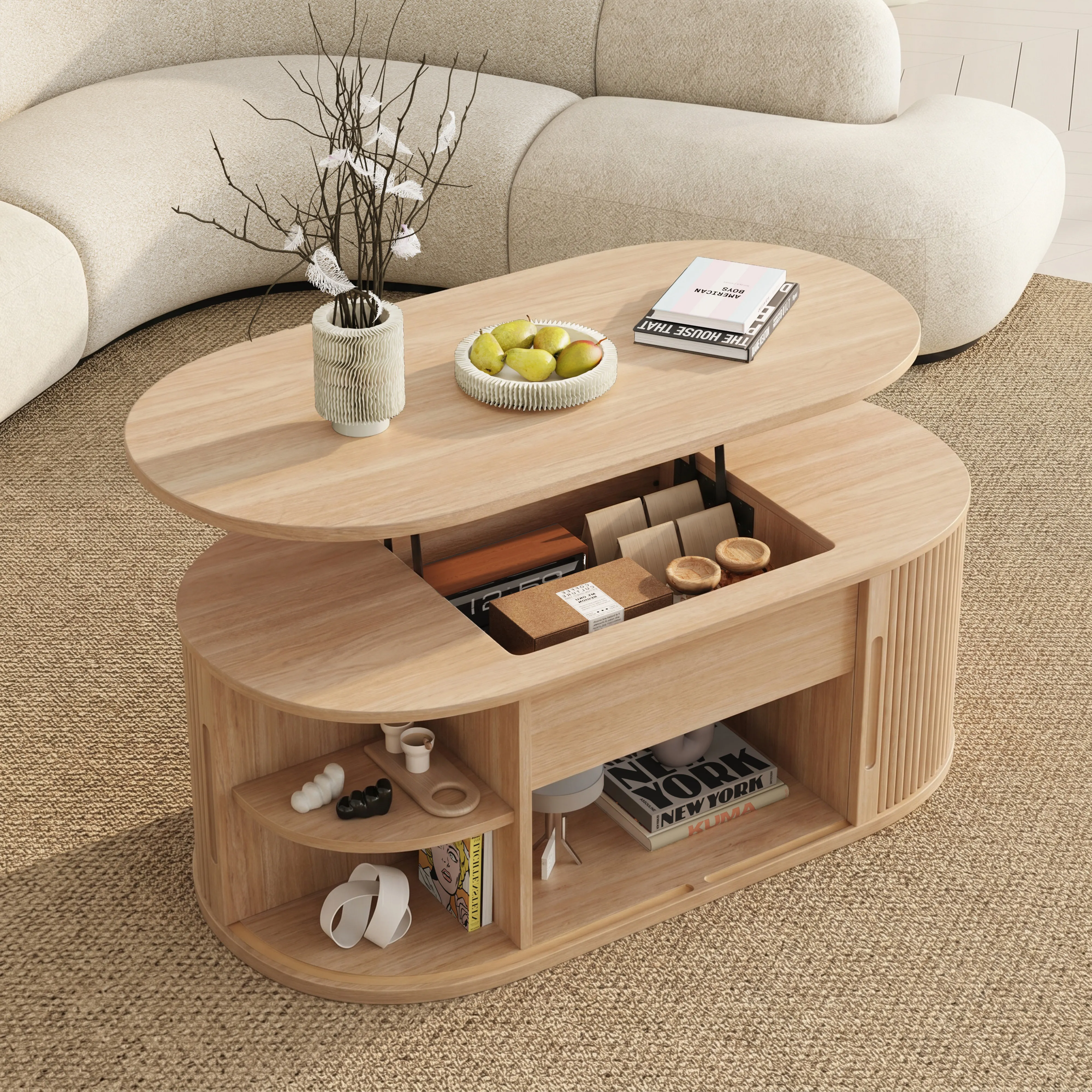 LUPUK Oval Lift Top Coffee Table, Mid-Century Storage Table with Tambour Doors