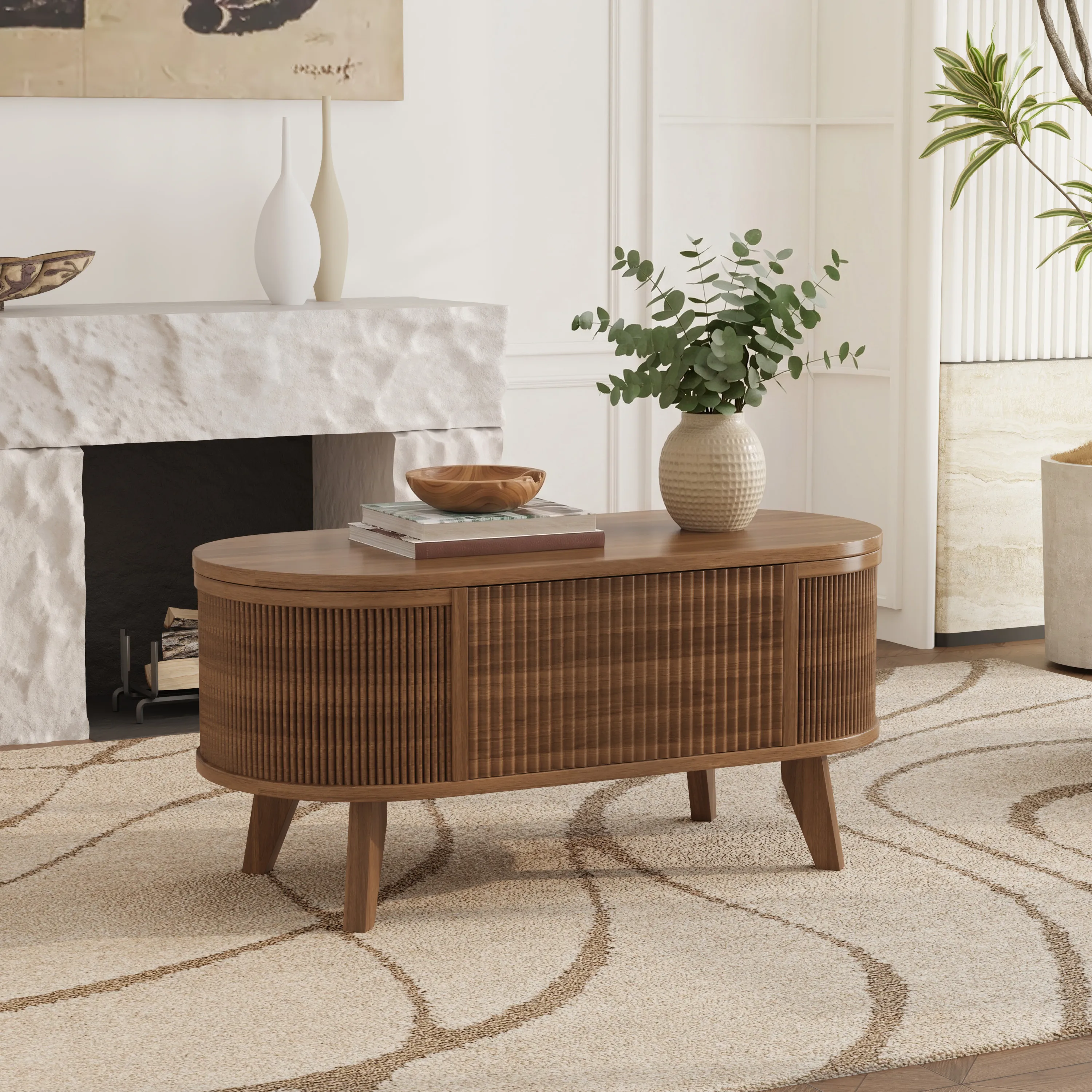 LUPUK Fluted Lift Top Coffee Table, Storage Center Table with Walnut Finish