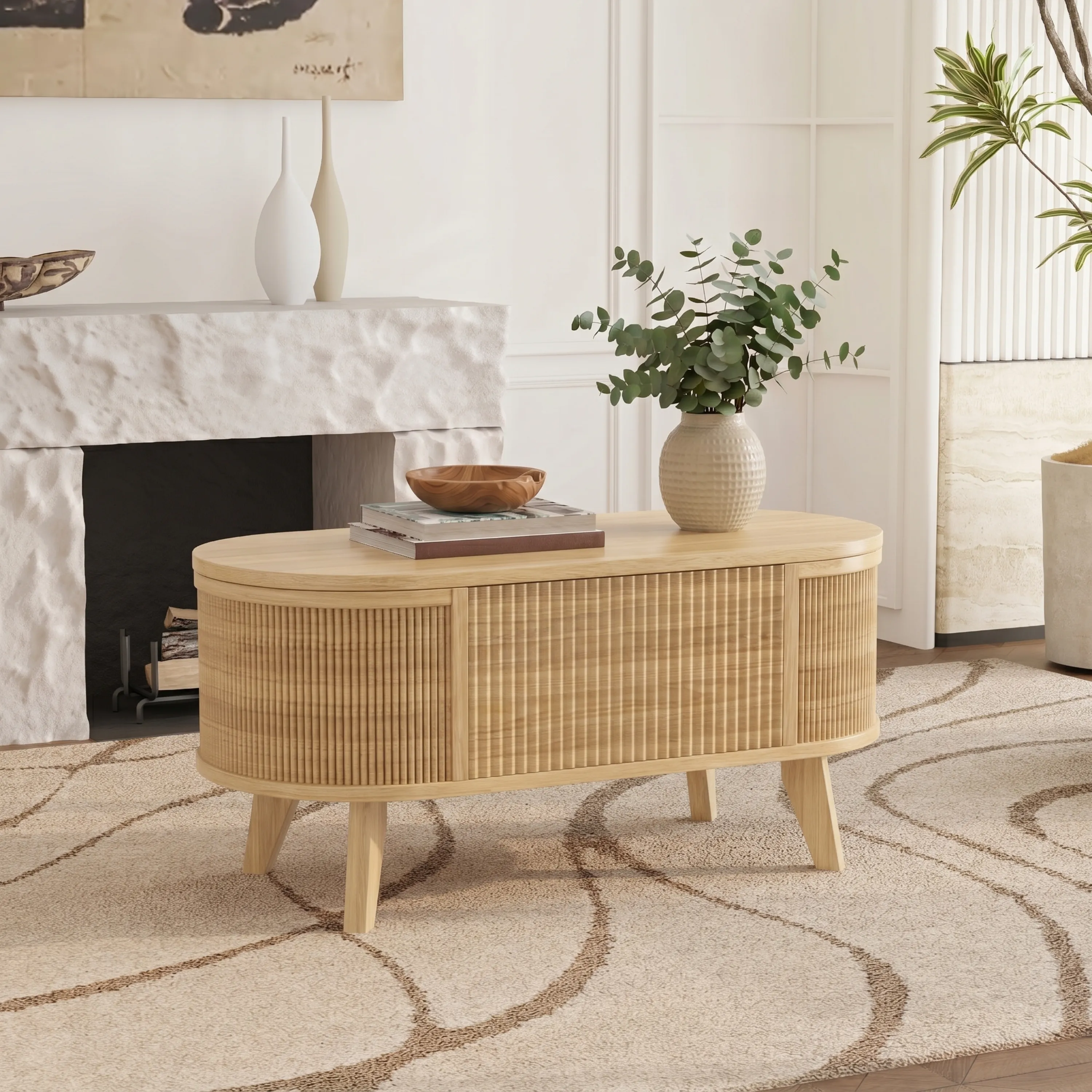 LUPUK Fluted Lift Top Coffee Table, Storage Center Table with Walnut Finish