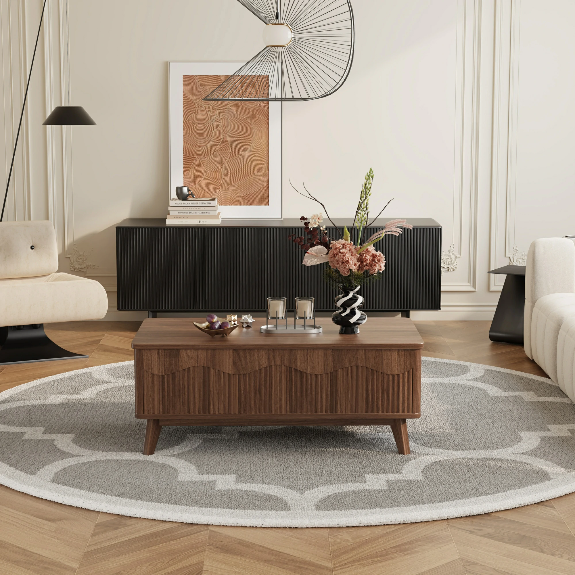 LUPUK Scalloped Lift Top Coffee Table with Hidden Storage