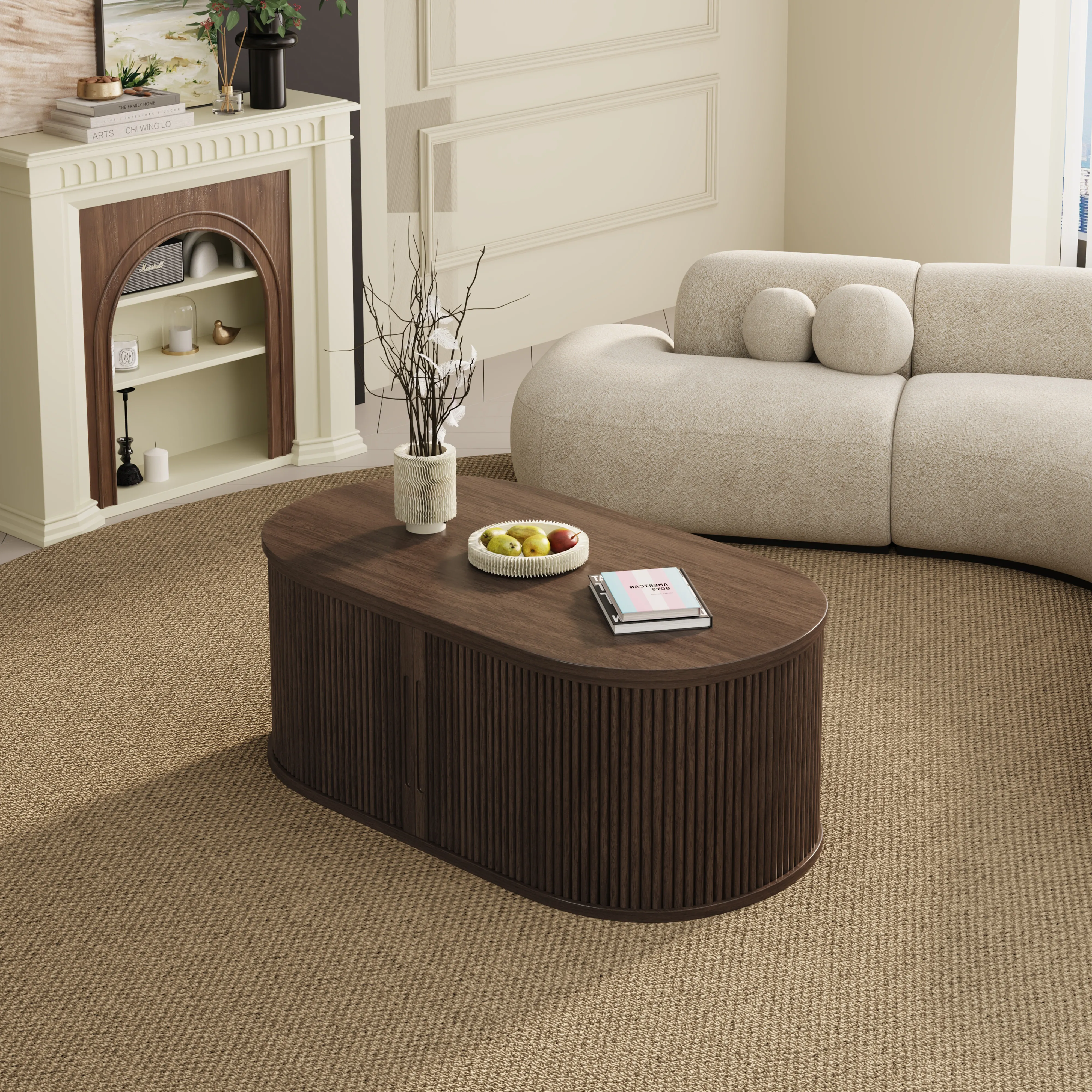 LUPUK Oval Lift Top Coffee Table, Mid-Century Storage Table with Tambour Doors