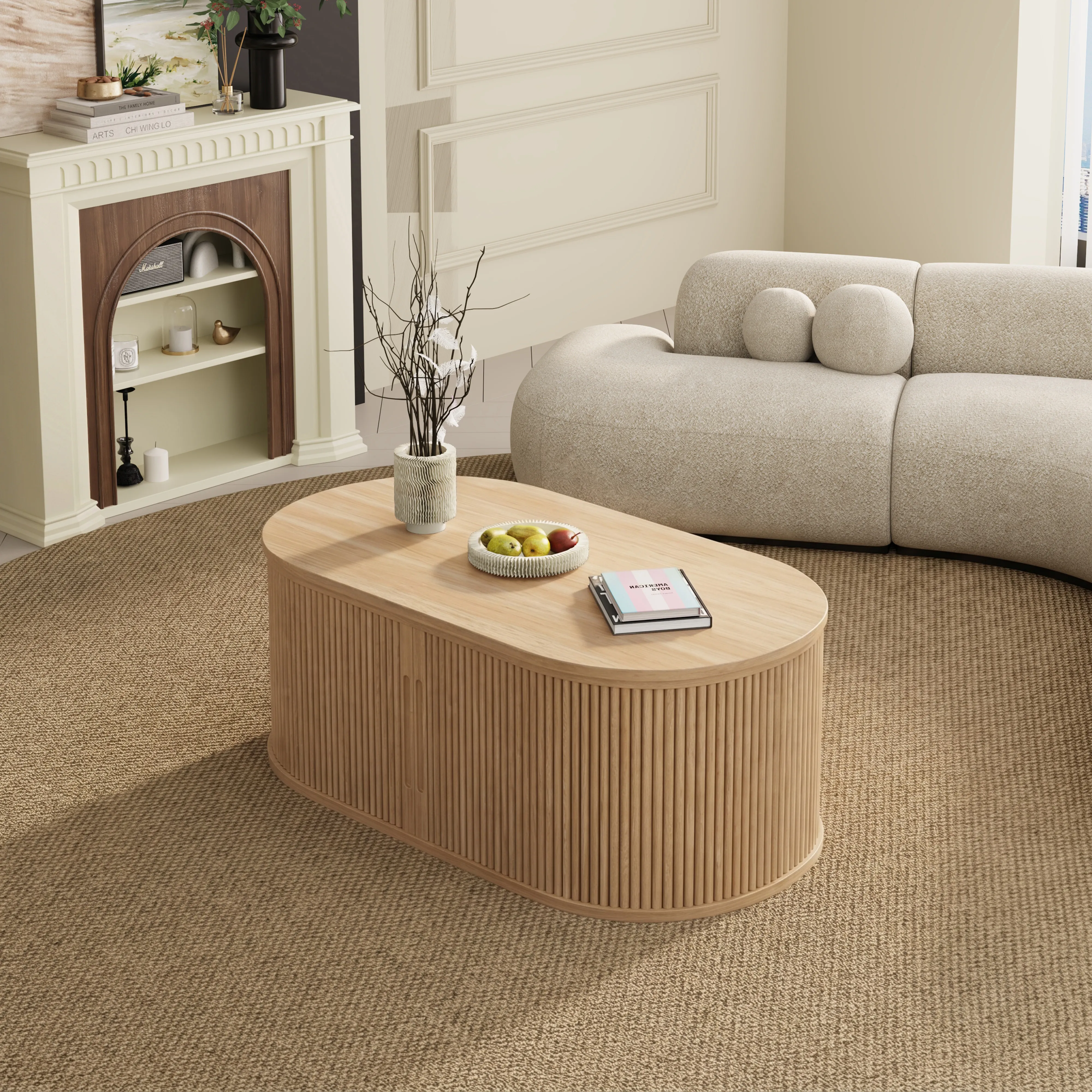 LUPUK Oval Lift Top Coffee Table, Mid-Century Storage Table with Tambour Doors