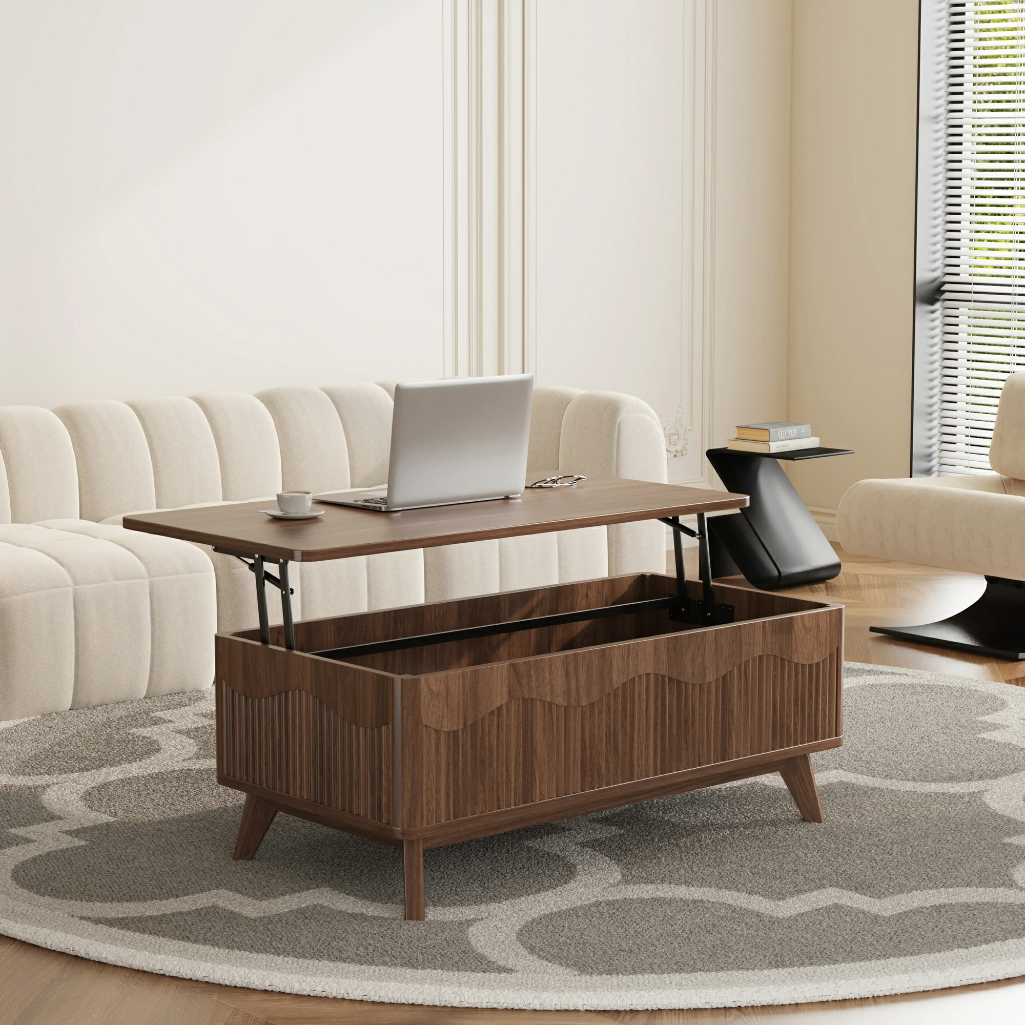 LUPUK Scalloped Lift Top Coffee Table with Hidden Storage