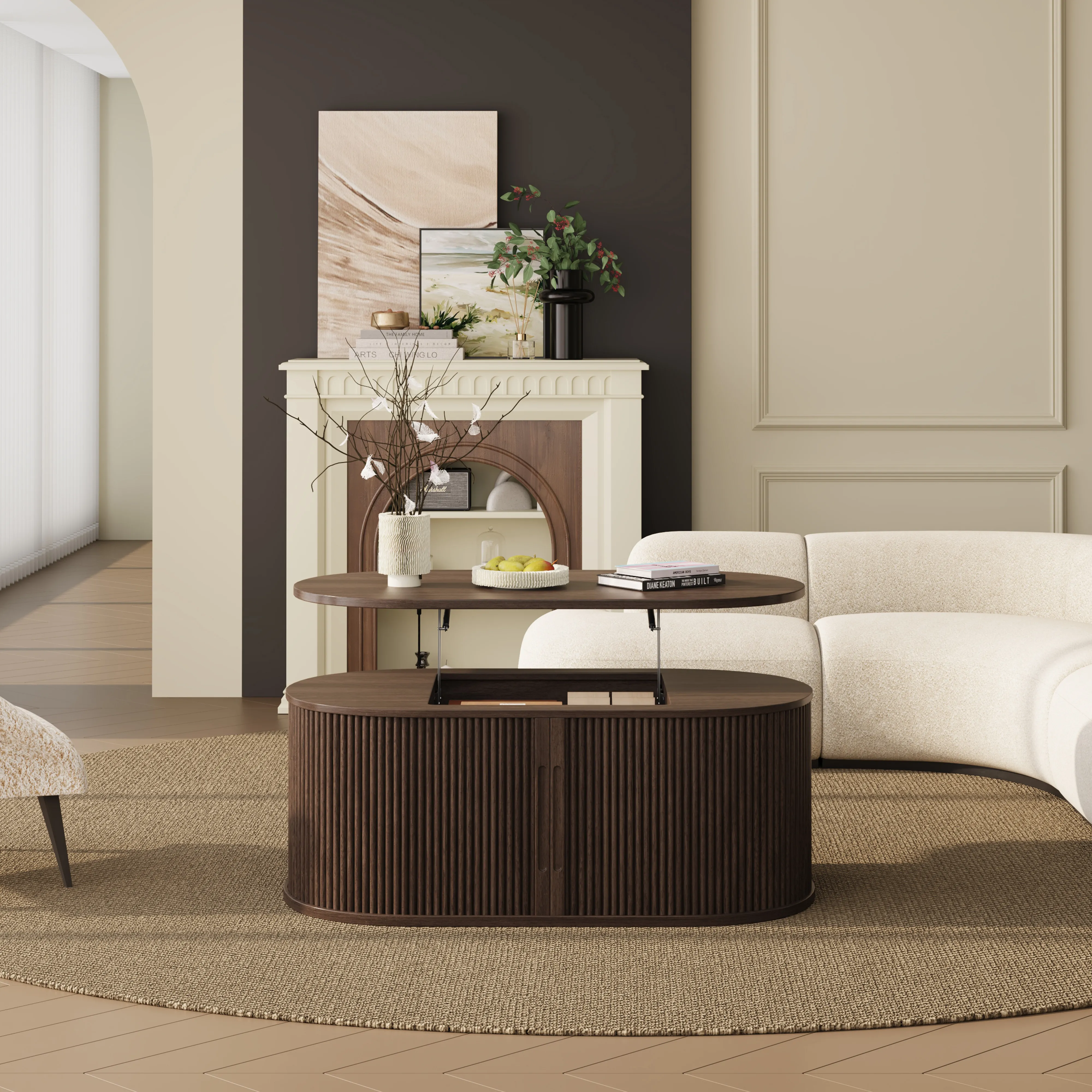 LUPUK Oval Lift Top Coffee Table, Mid-Century Storage Table with Tambour Doors
