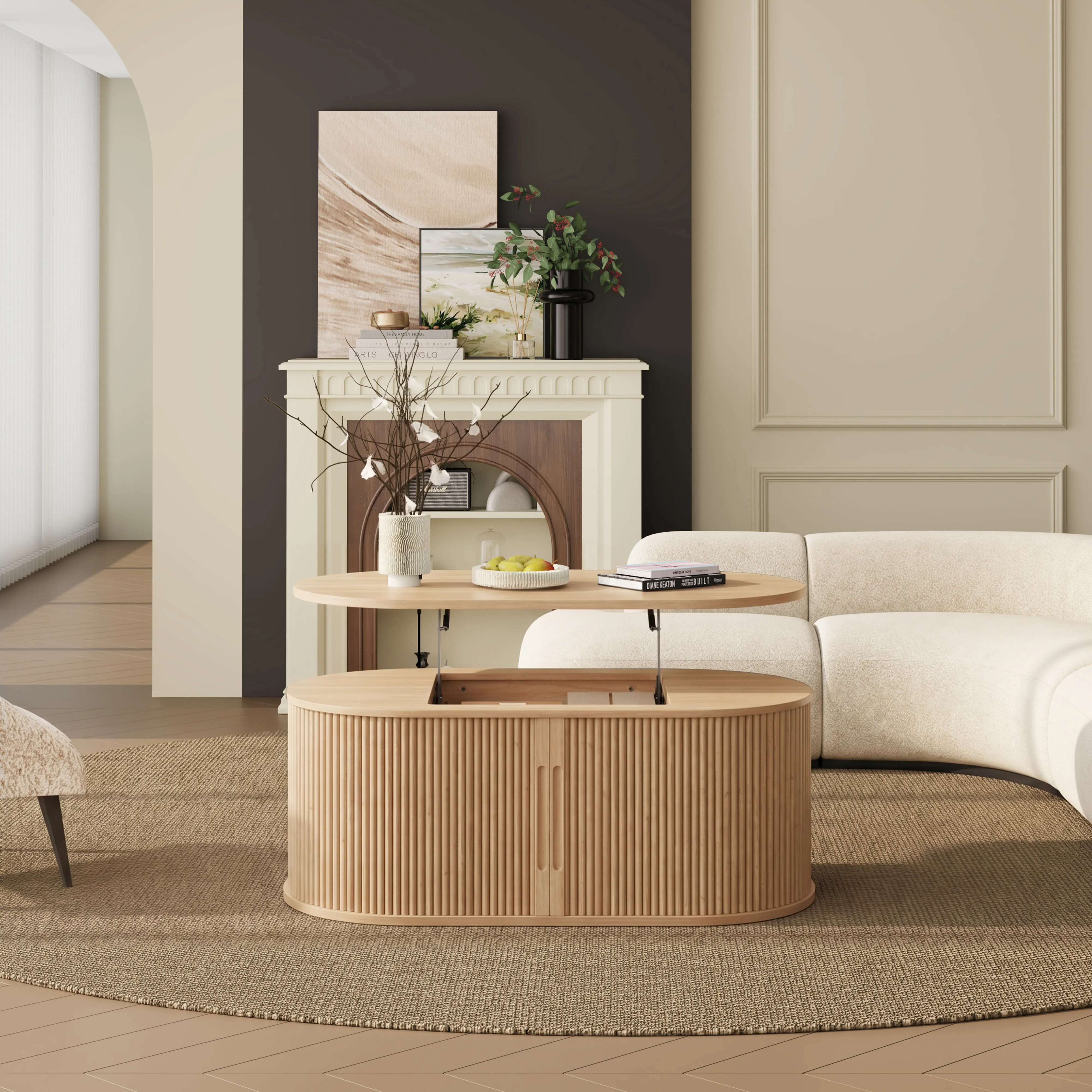 LUPUK Oval Lift Top Coffee Table, Mid-Century Storage Table with Tambour Doors