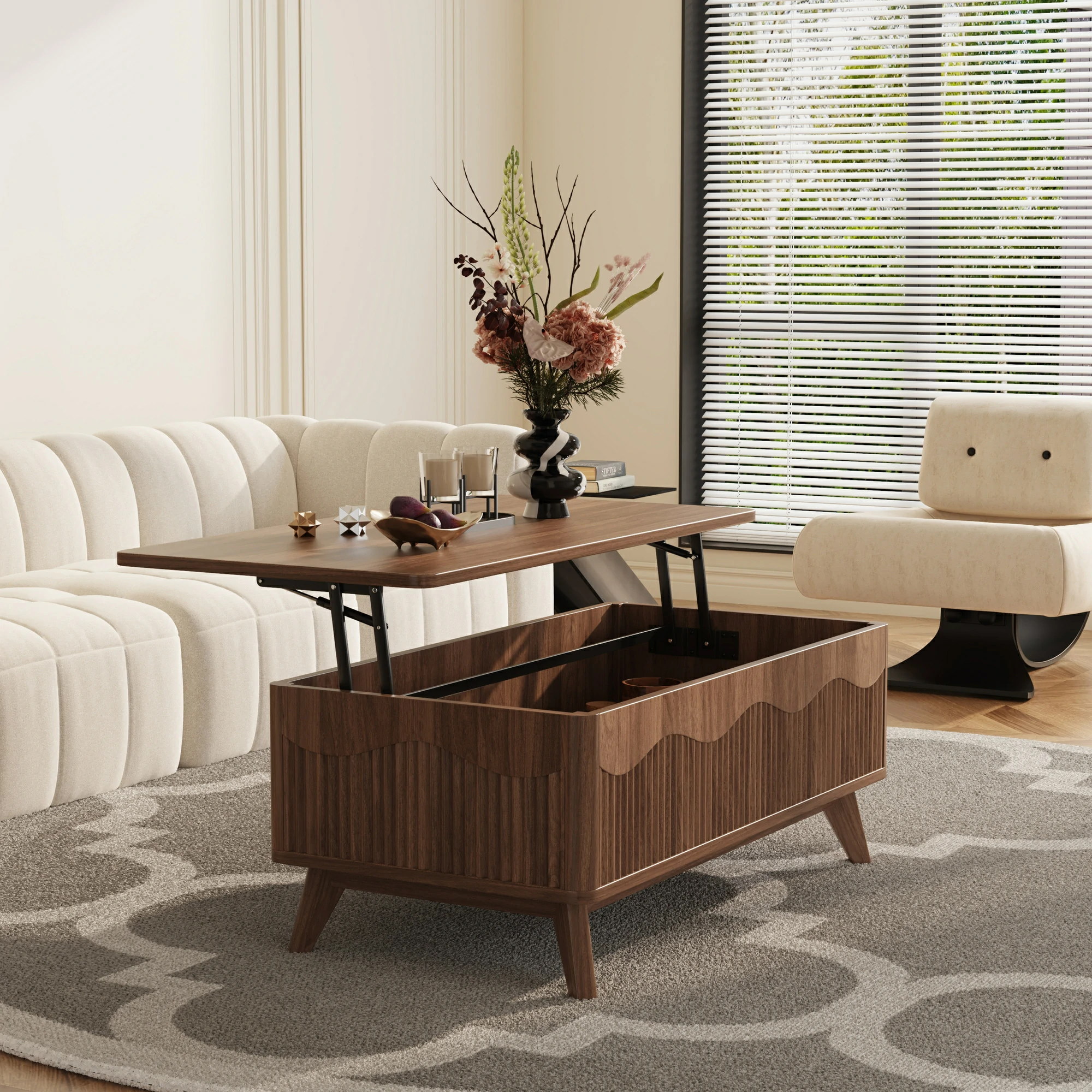 LUPUK Scalloped Lift Top Coffee Table with Hidden Storage