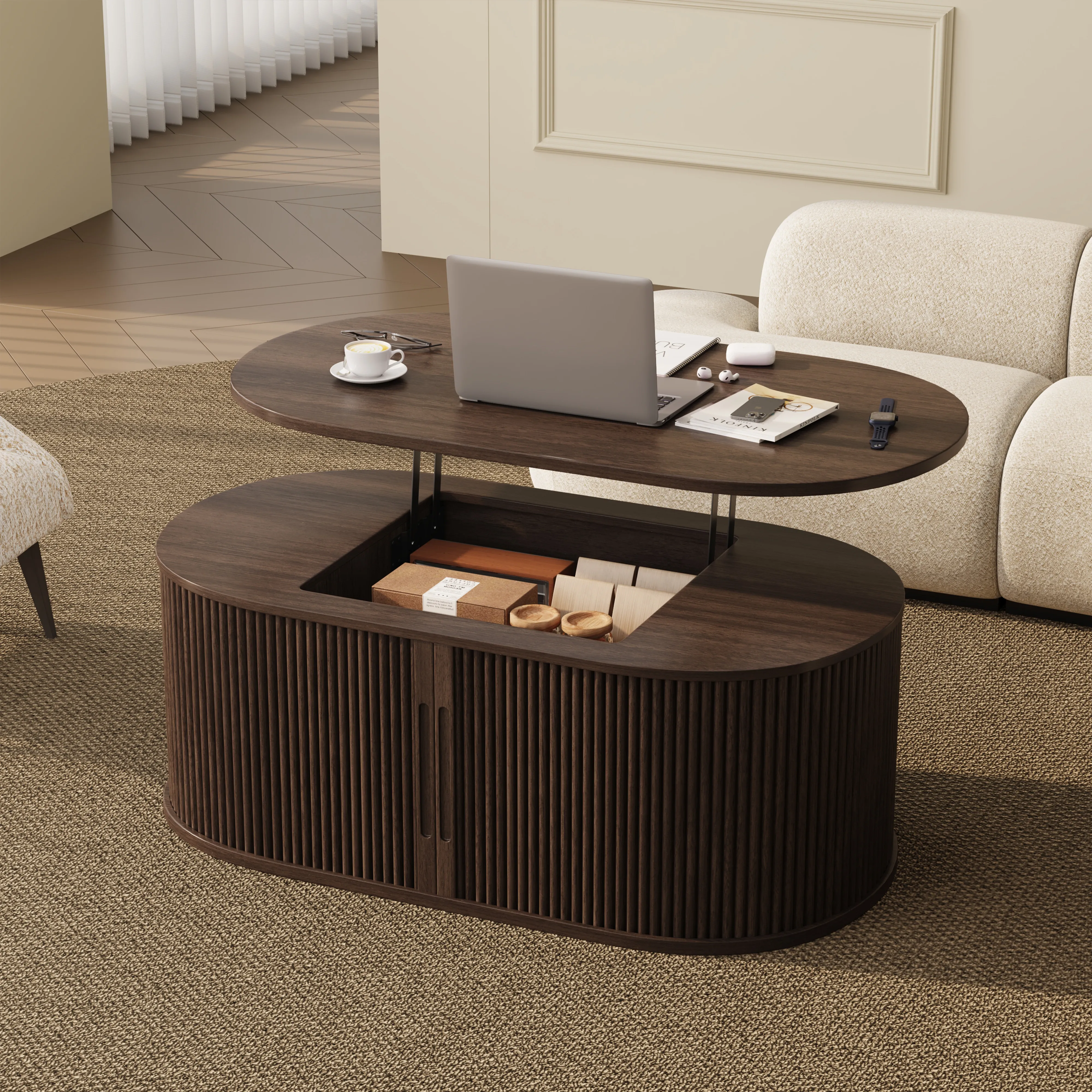 LUPUK Oval Lift Top Coffee Table, Mid-Century Storage Table with Tambour Doors