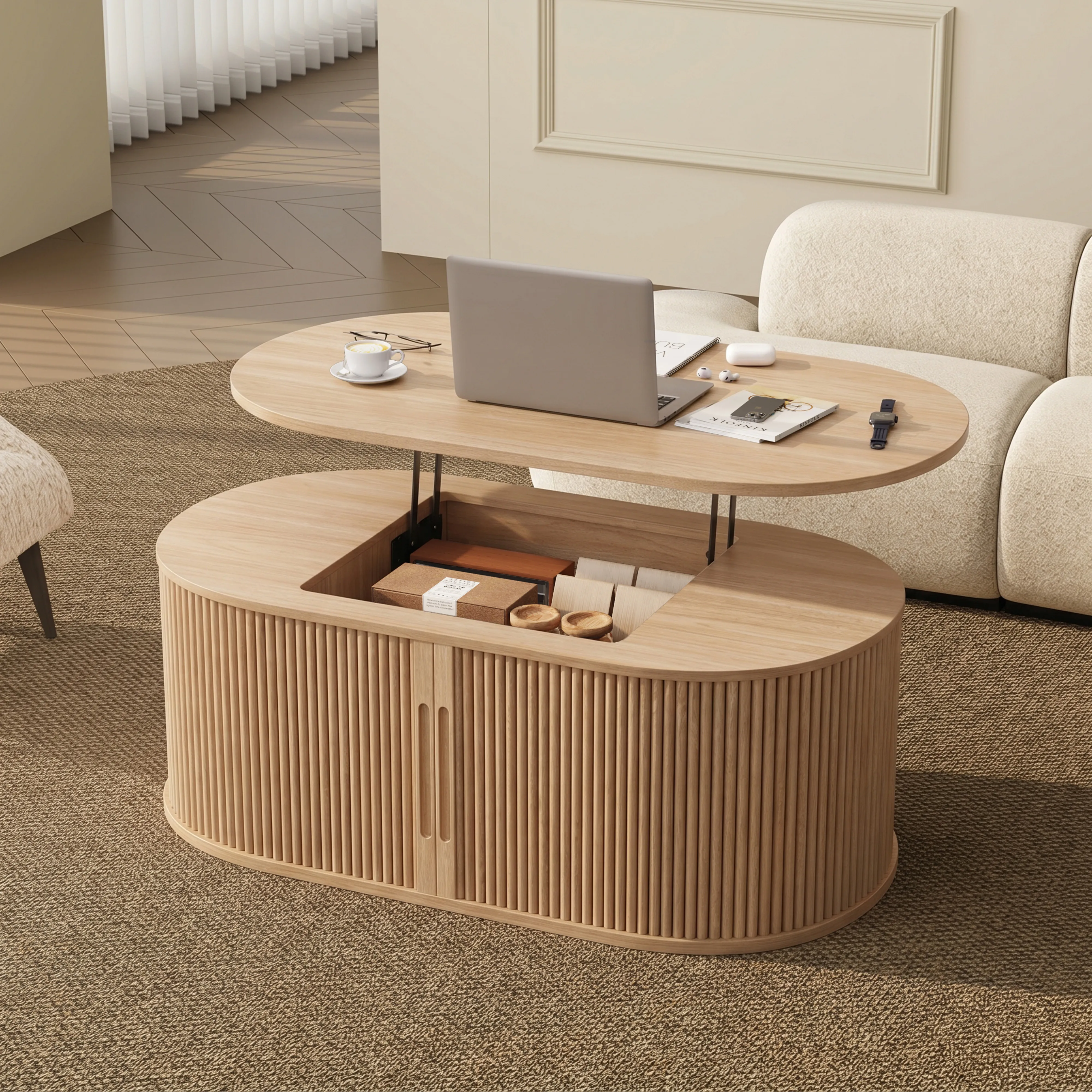 LUPUK Oval Lift Top Coffee Table, Mid-Century Storage Table with Tambour Doors