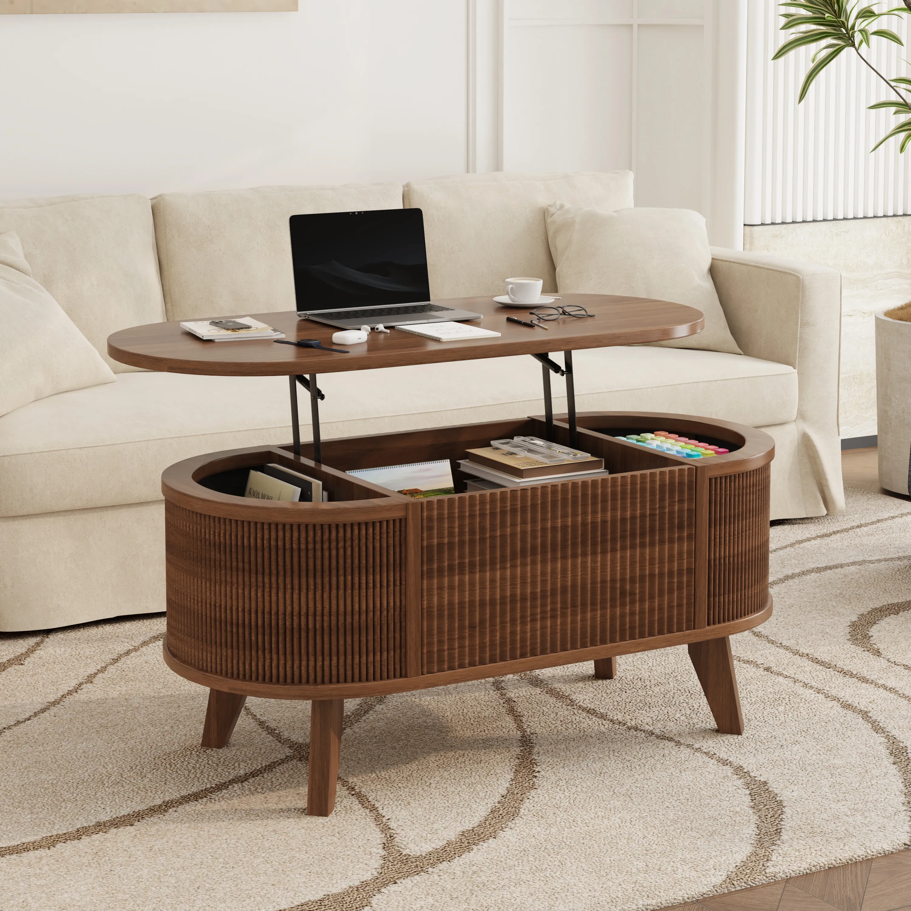 LUPUK Fluted Lift Top Coffee Table, Storage Center Table with Walnut Finish
