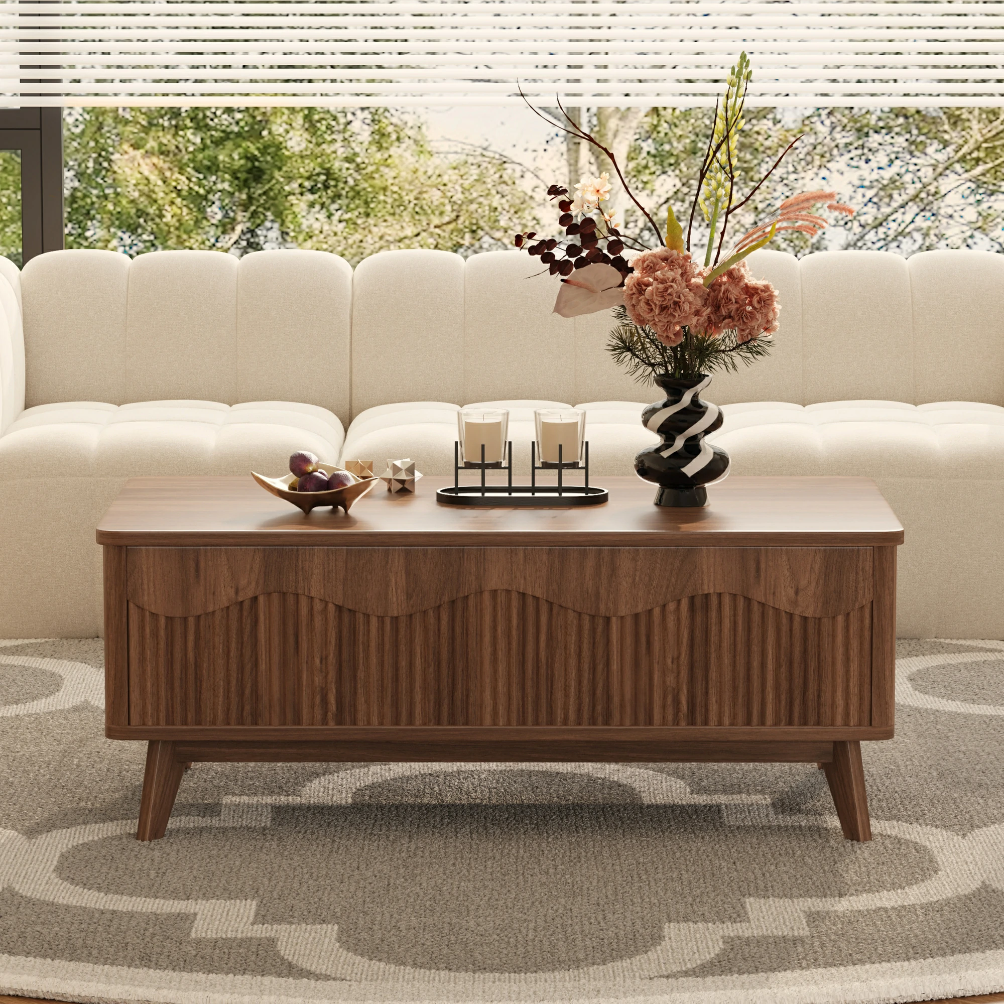 LUPUK Scalloped Lift Top Coffee Table with Hidden Storage