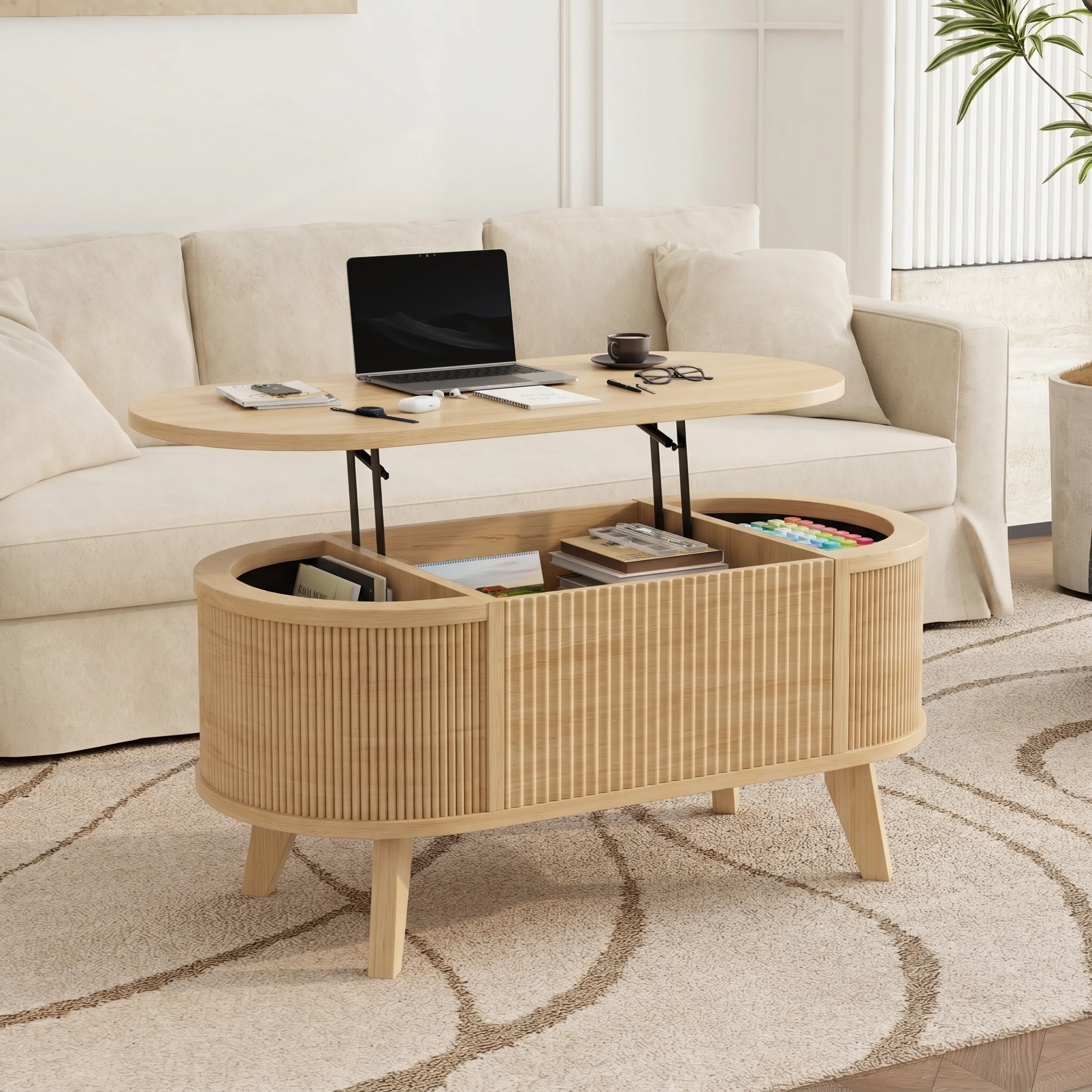 LUPUK Fluted Lift Top Coffee Table, Storage Center Table with Walnut Finish