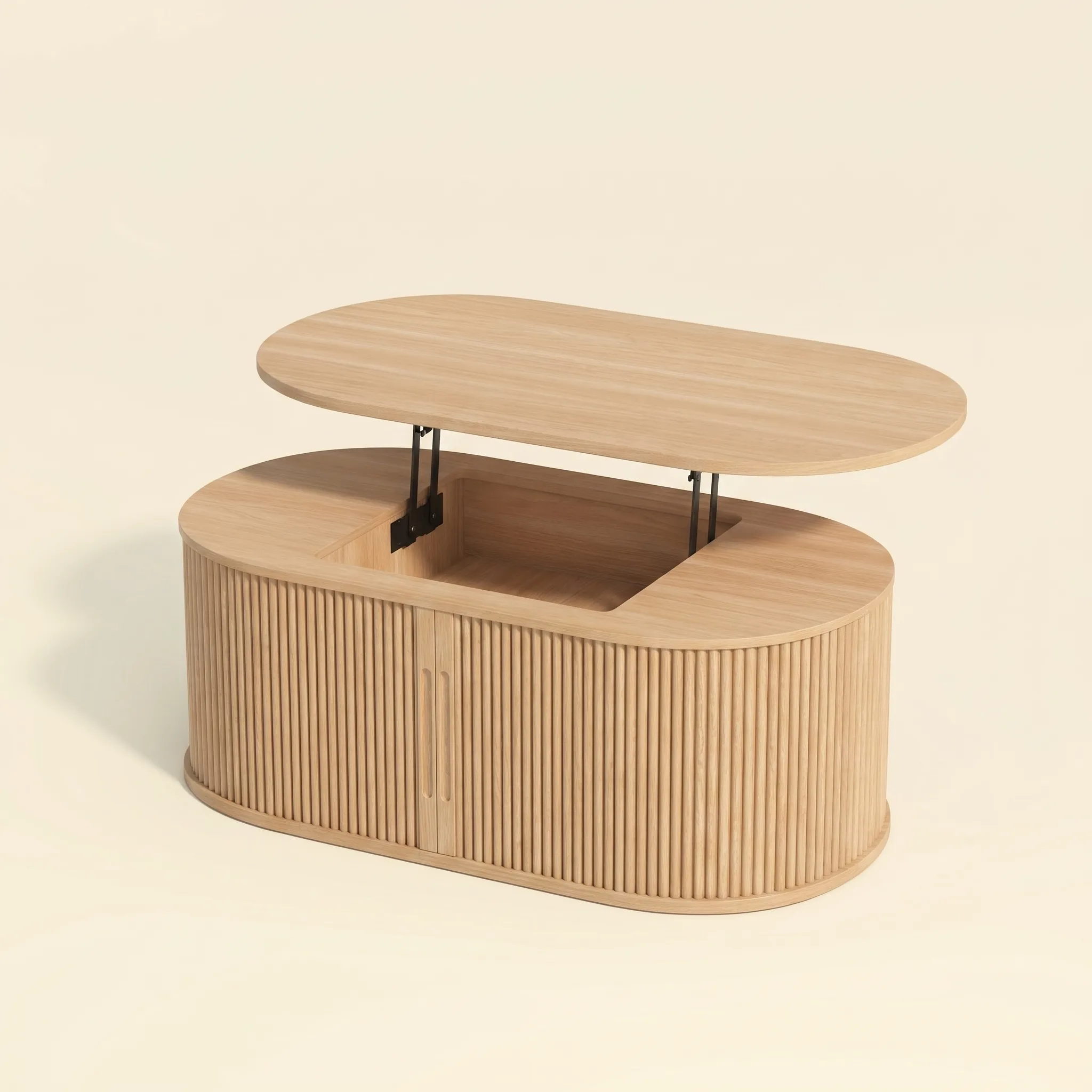 LUPUK Oval Lift Top Coffee Table, Mid-Century Storage Table with Tambour Doors