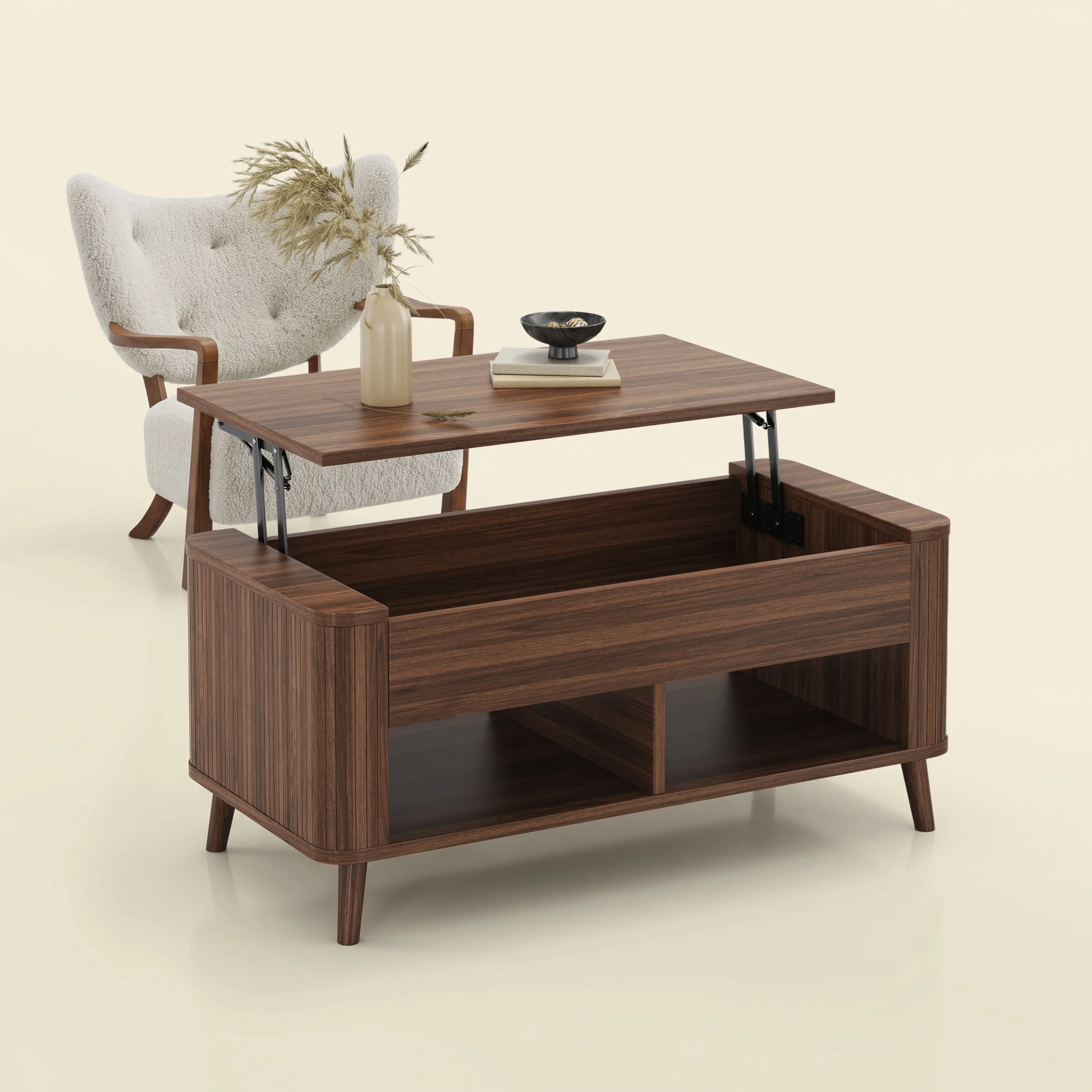 LUPUK Rectangular Lift Top Coffee Table with Hidden Storage and Open Shelves