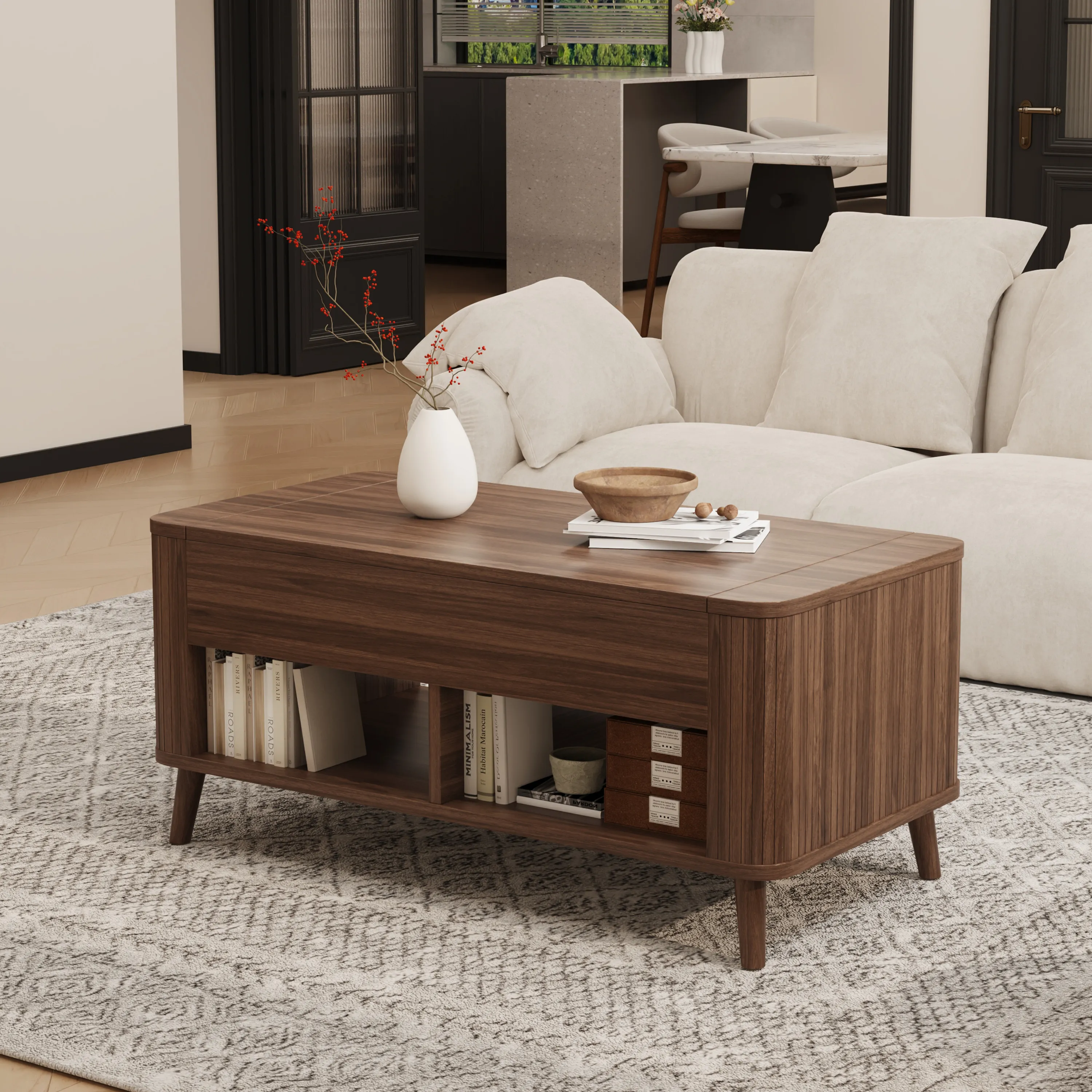 LUPUK Rectangular Lift Top Coffee Table with Hidden Storage and Open Shelves