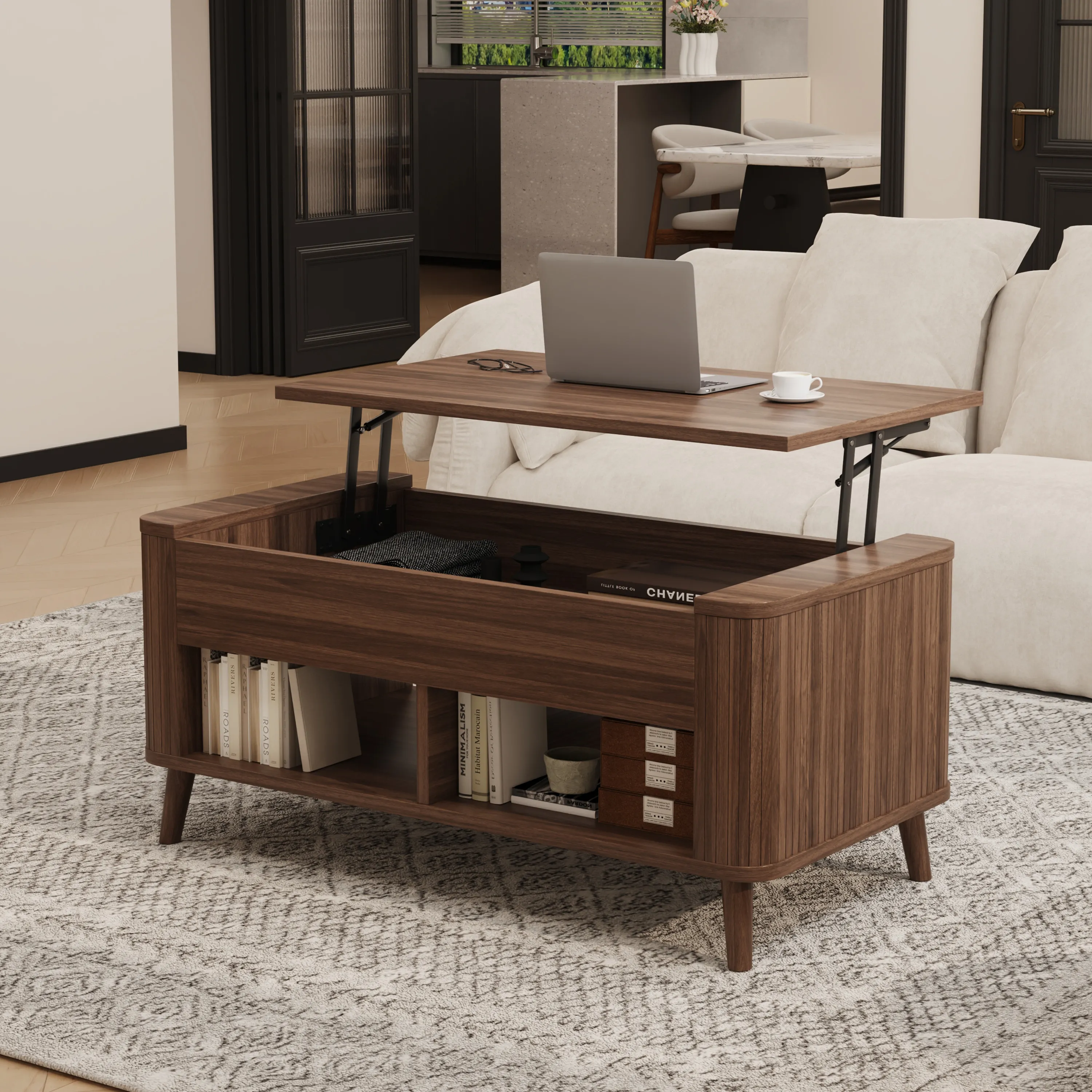LUPUK Rectangular Lift Top Coffee Table with Hidden Storage and Open Shelves