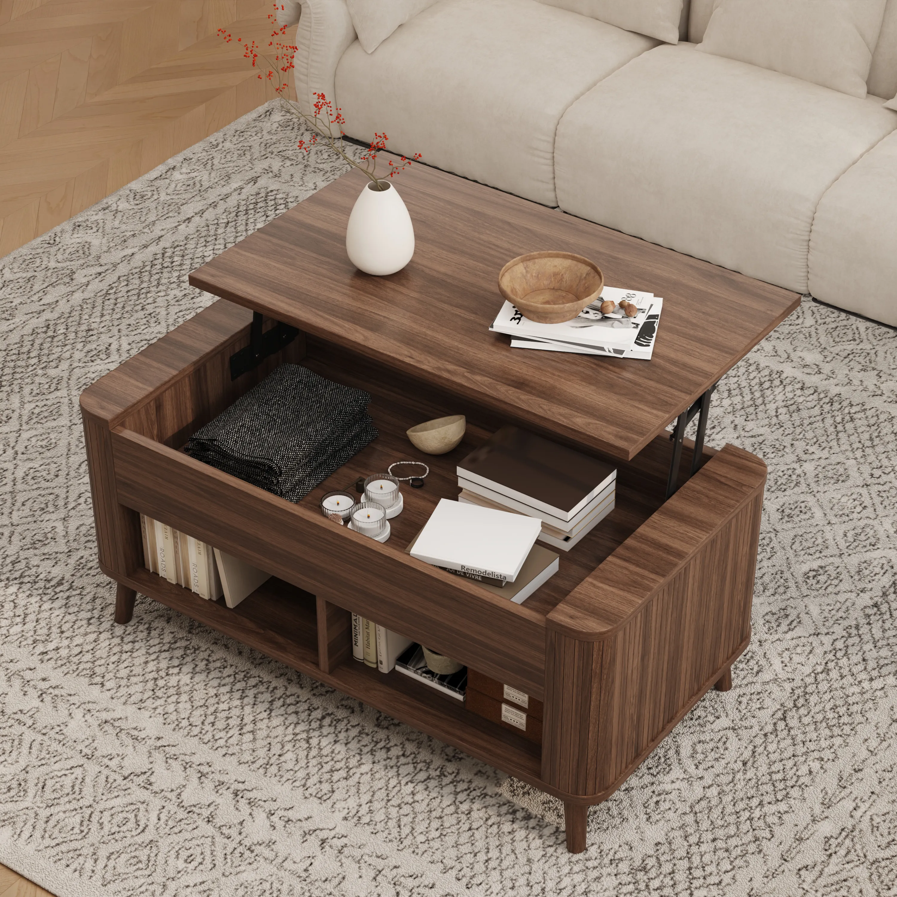 LUPUK Rectangular Lift Top Coffee Table with Hidden Storage and Open Shelves
