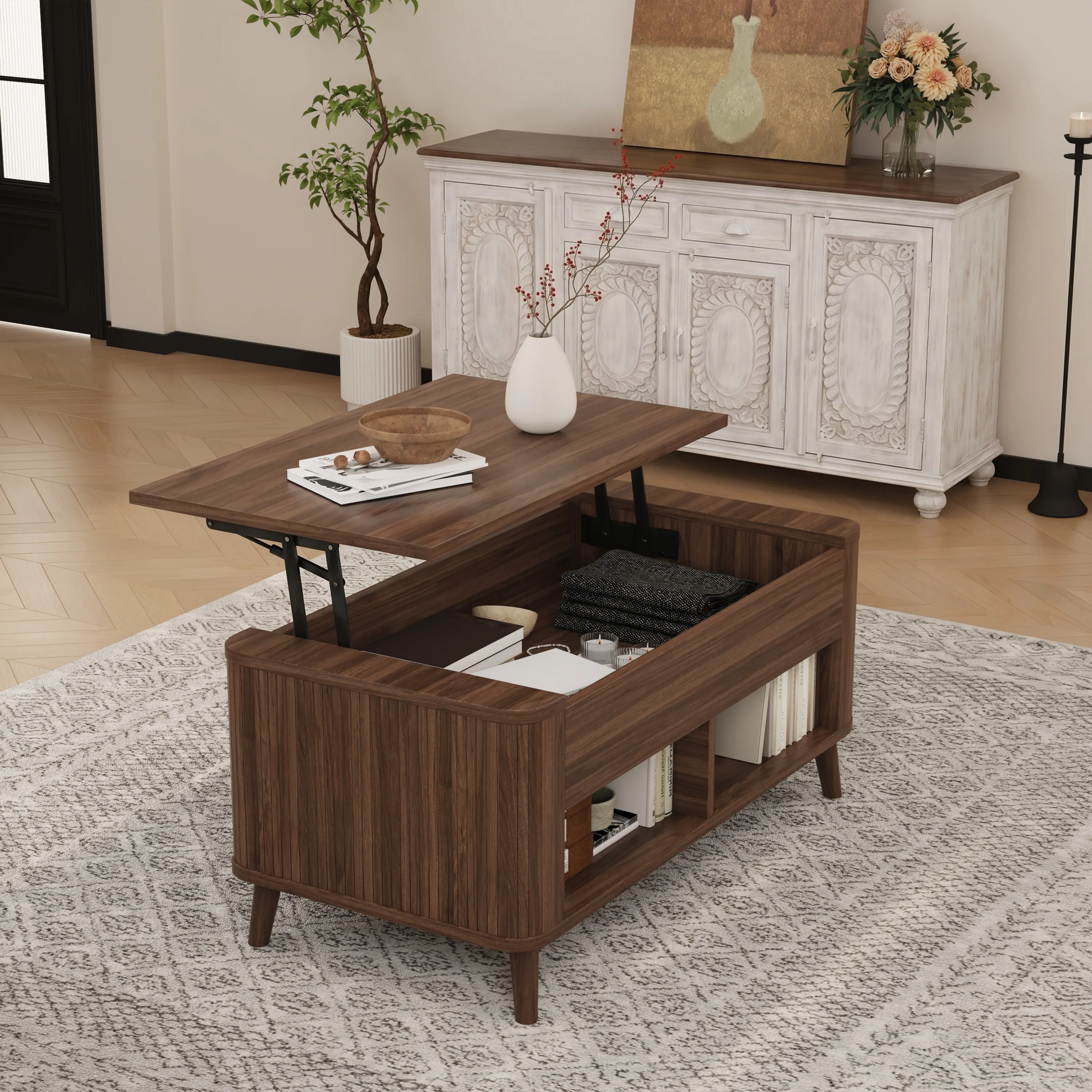 LUPUK Rectangular Lift Top Coffee Table with Hidden Storage and Open Shelves