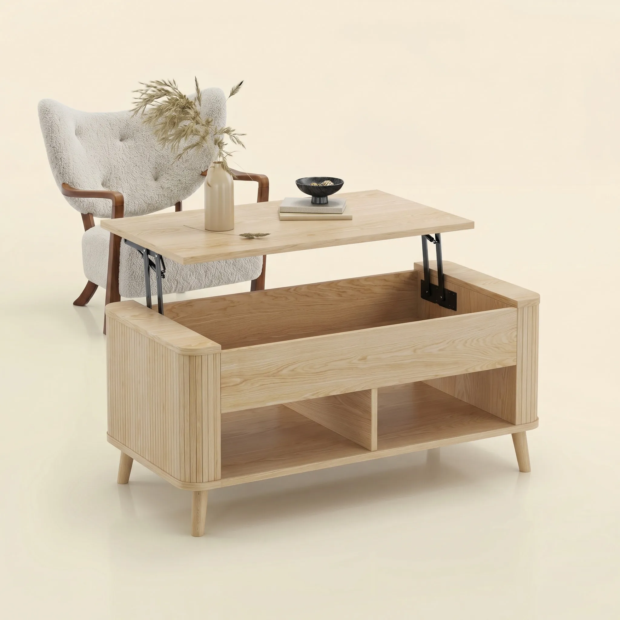LUPUK Rectangular Lift Top Coffee Table with Hidden Storage and Open Shelves