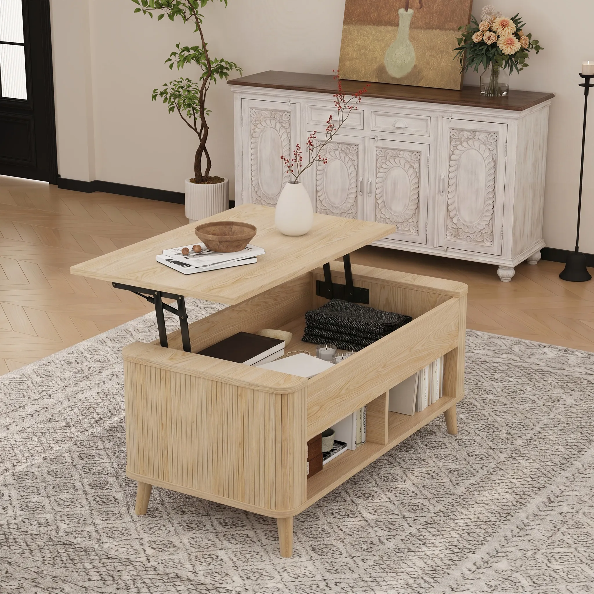 LUPUK Rectangular Lift Top Coffee Table with Hidden Storage and Open Shelves
