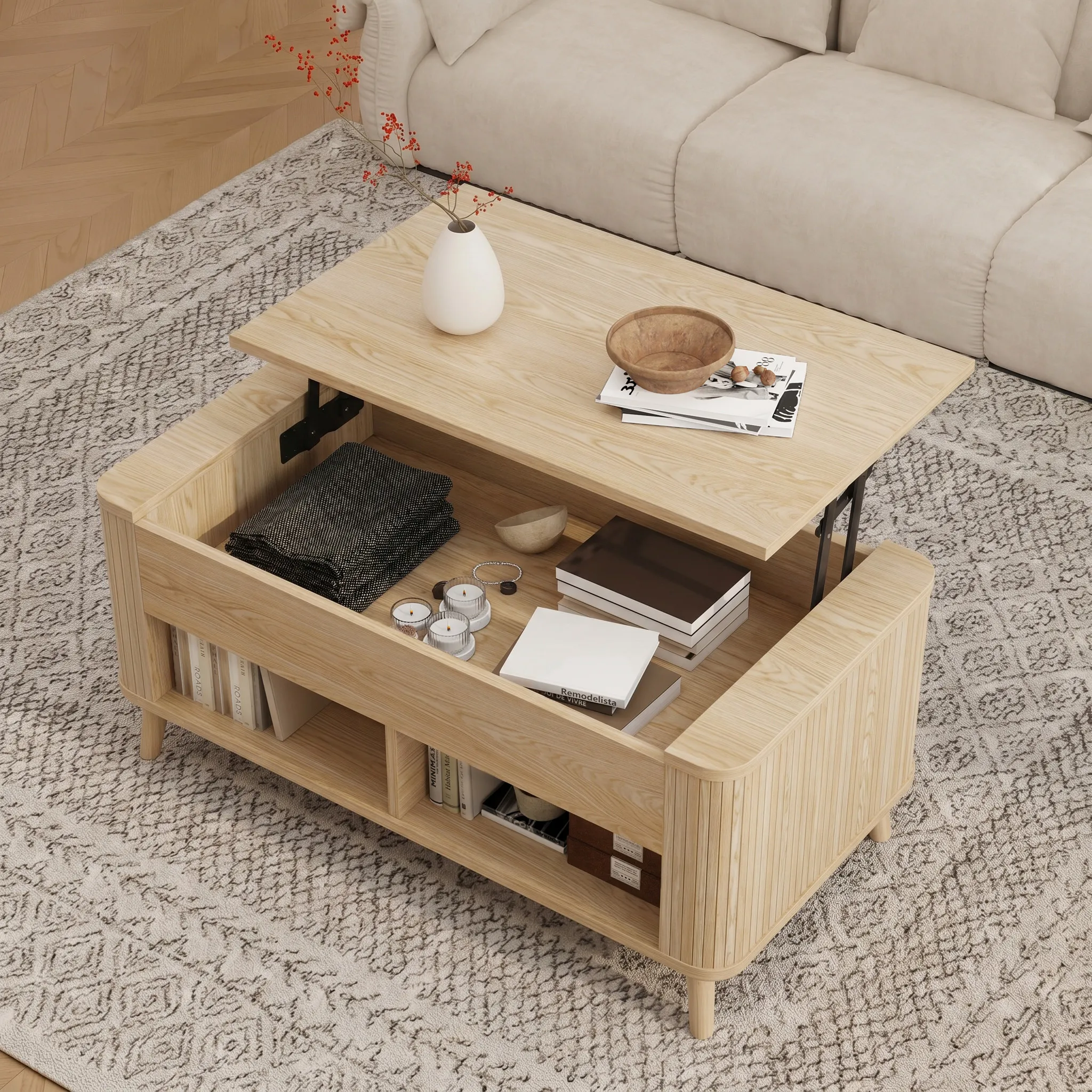 LUPUK Rectangular Lift Top Coffee Table with Hidden Storage and Open Shelves