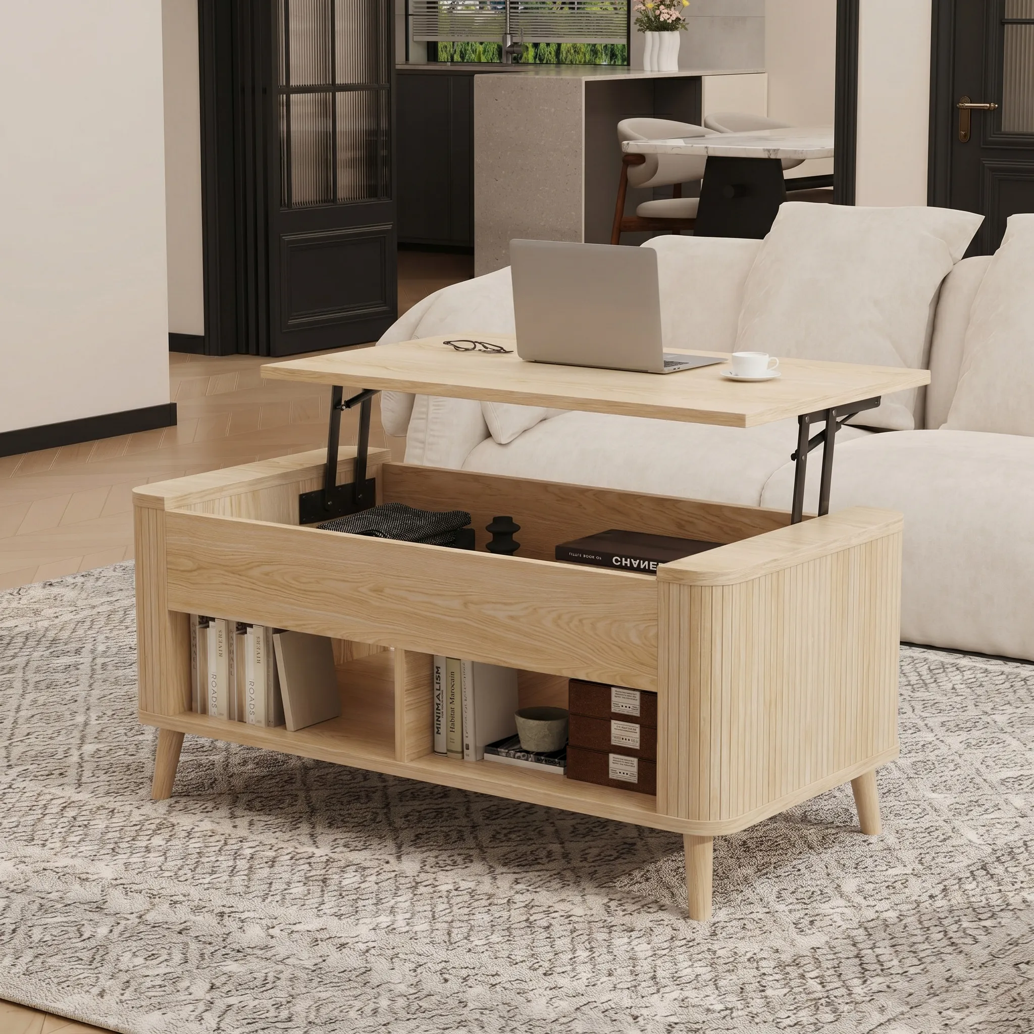 LUPUK Rectangular Lift Top Coffee Table with Hidden Storage and Open Shelves