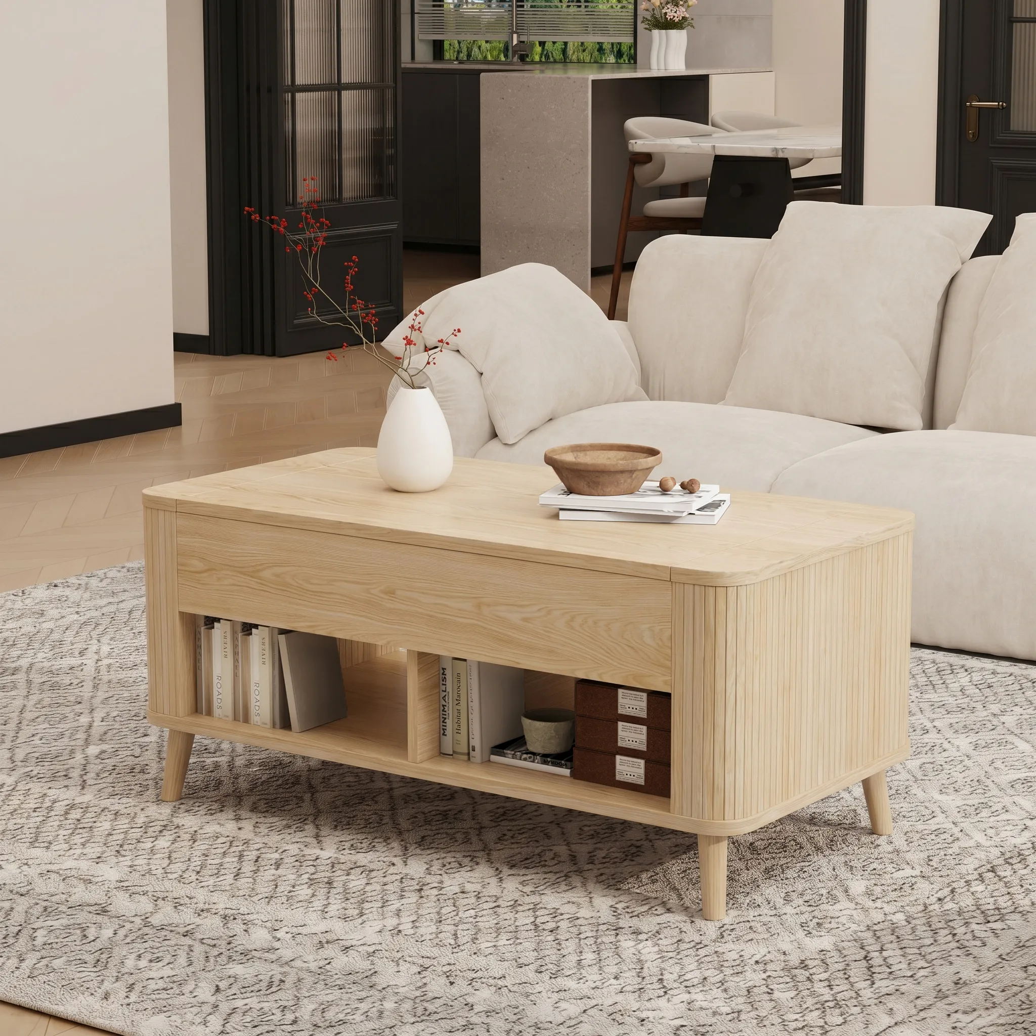 LUPUK Rectangular Lift Top Coffee Table with Hidden Storage and Open Shelves