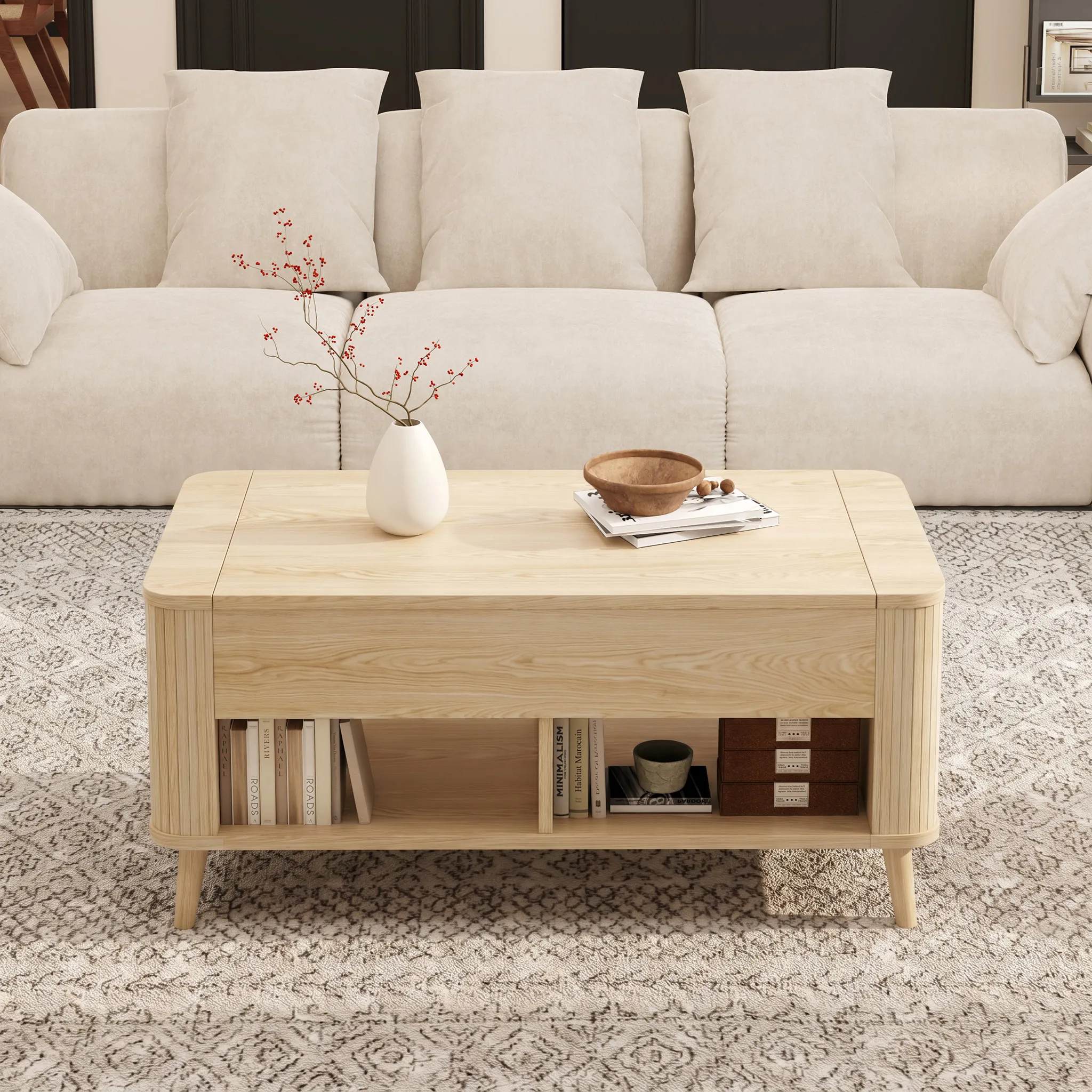 LUPUK Rectangular Lift Top Coffee Table with Hidden Storage and Open Shelves