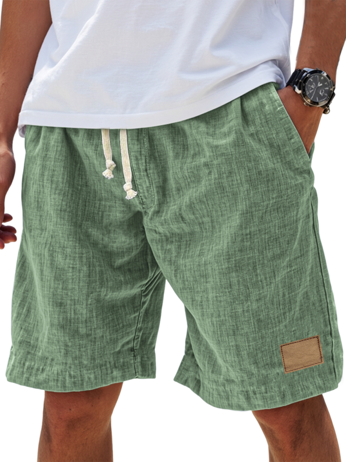 Men's Breathable Linen Embroidered Logo Loose Holiday Shorts