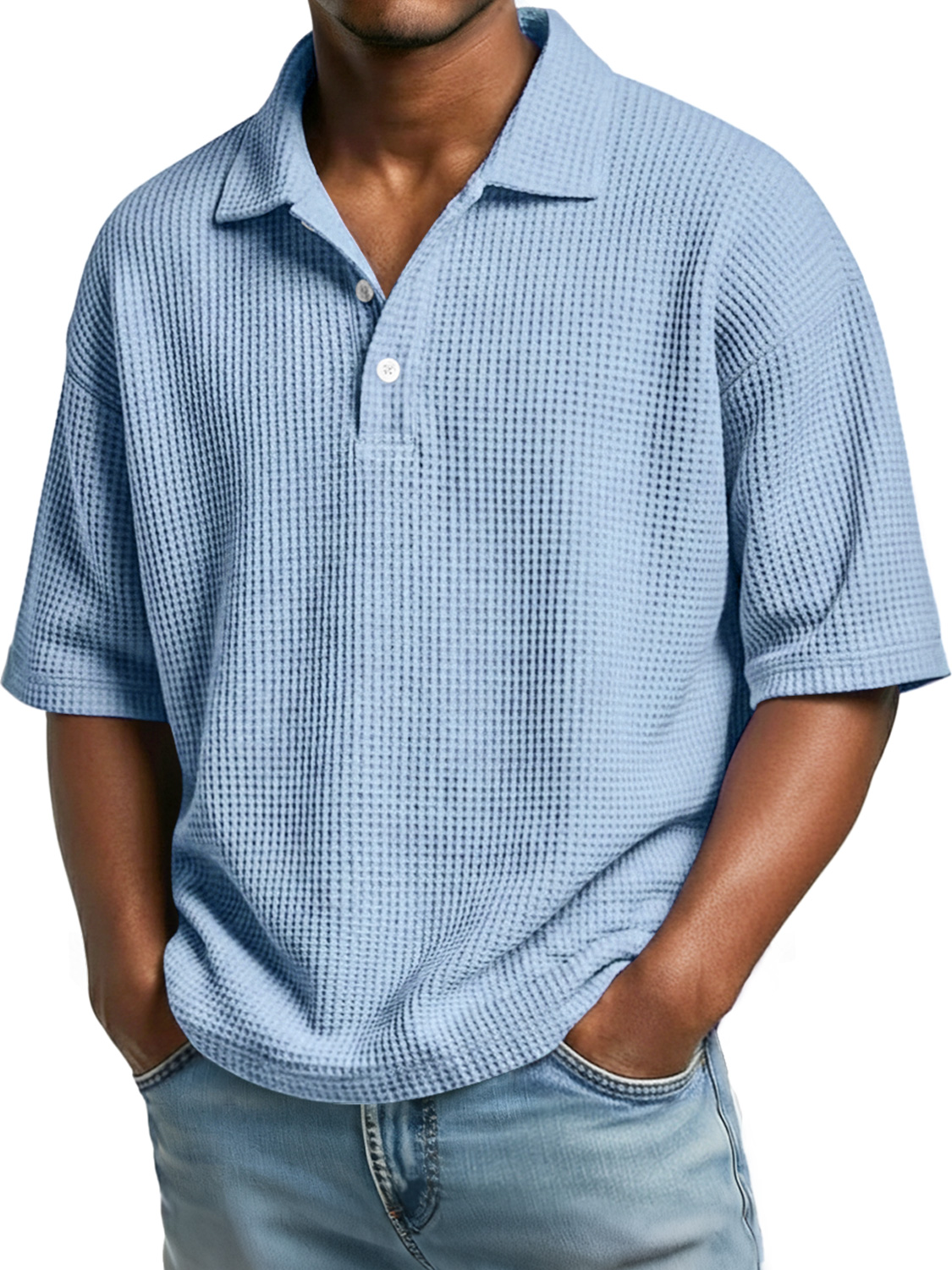 Mens Simple Waffle Knit Collar Button-Up Casual Short Sleeve Polo Shirt