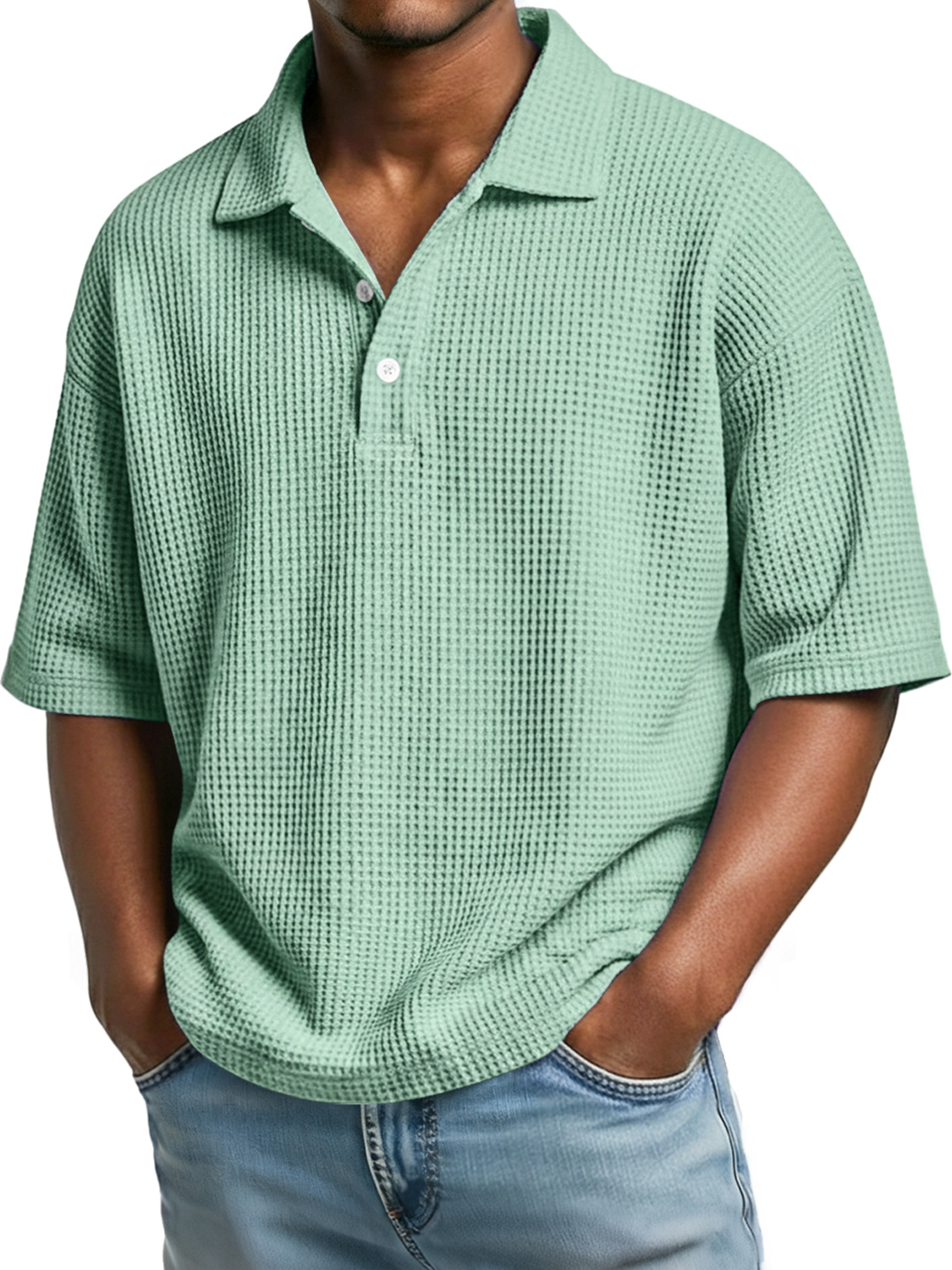 Mens Simple Waffle Knit Collar Button-Up Casual Short Sleeve Polo Shirt