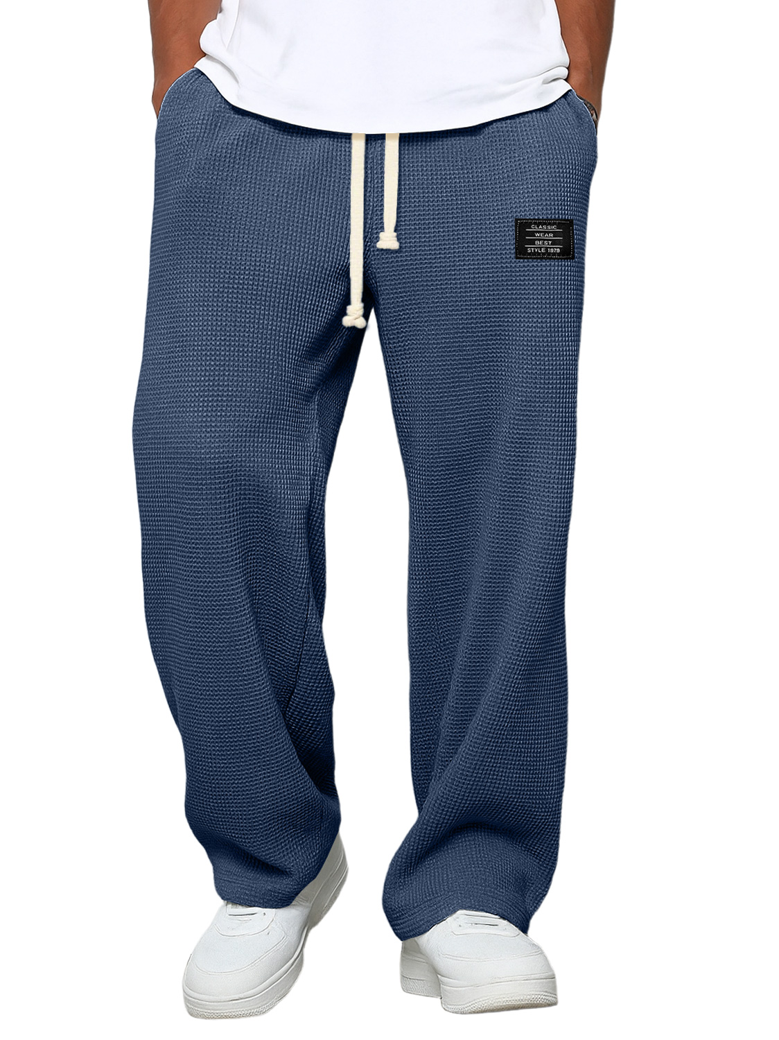 Lässige Herrenhose mit Waffelmuster und Logostickerei, schlichte, einfarbige Hose