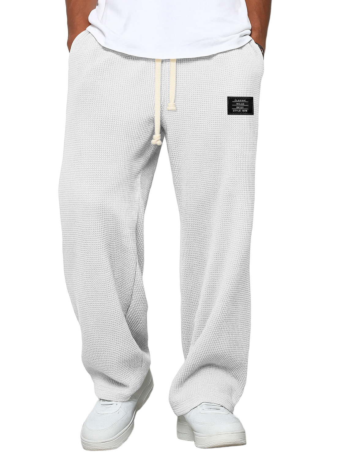 Lässige Herrenhose mit Waffelmuster und Logostickerei, schlichte, einfarbige Hose