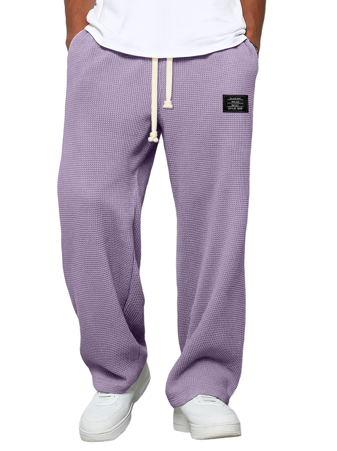 Lässige Herrenhose mit Waffelmuster und Logostickerei, schlichte, einfarbige Hose