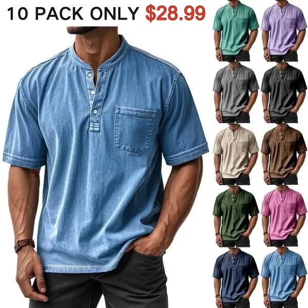 ⏰ TODAY ONLY🔥Clearance Sale!🔥 Men's Casual Solid Color Vintage Loose Pocket Short Sleeve Button-down Henley Shirt