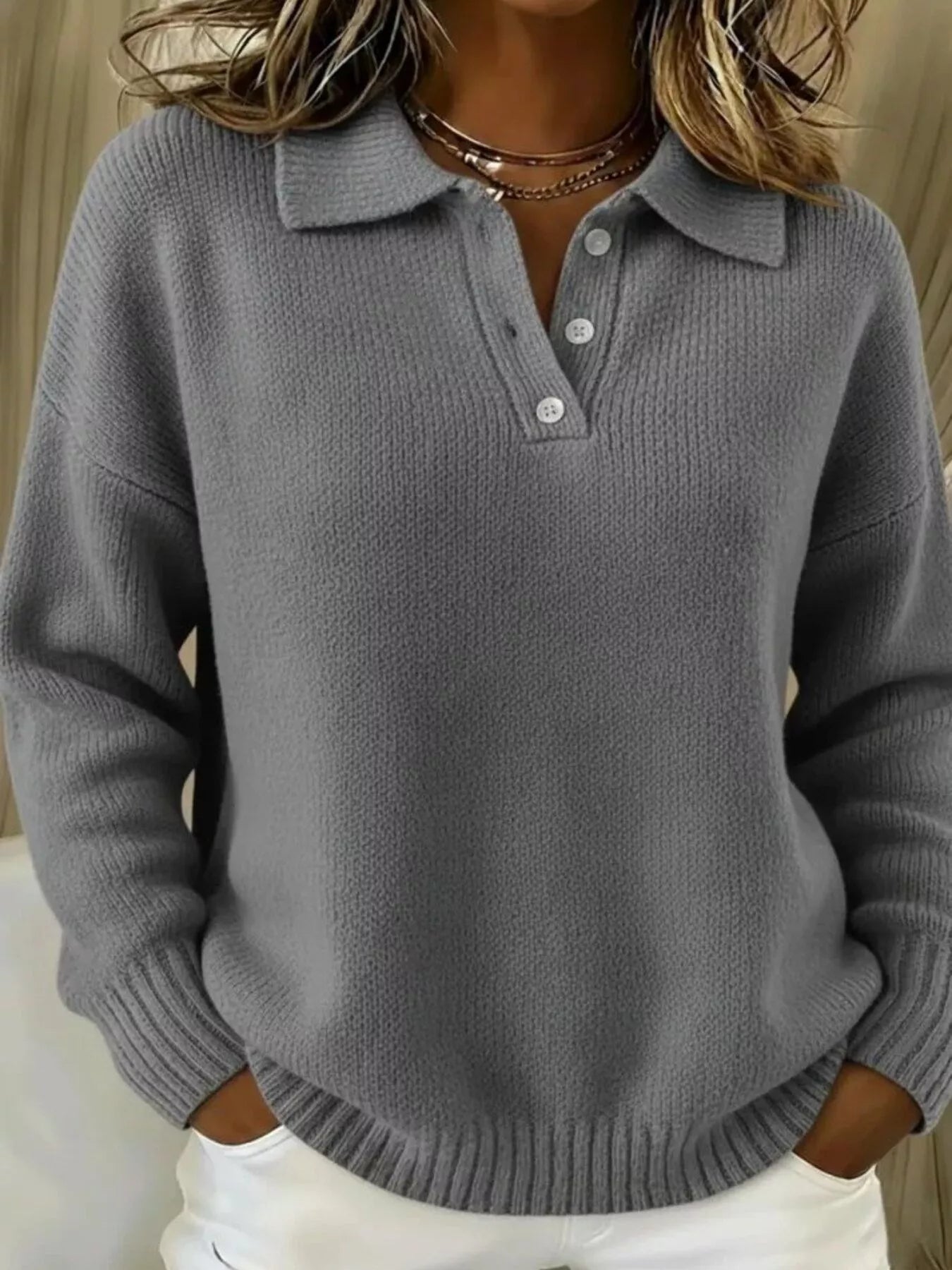 Women’s Textured Knit Polo Sweater – Soft, Elegant & Effortlessly Chic