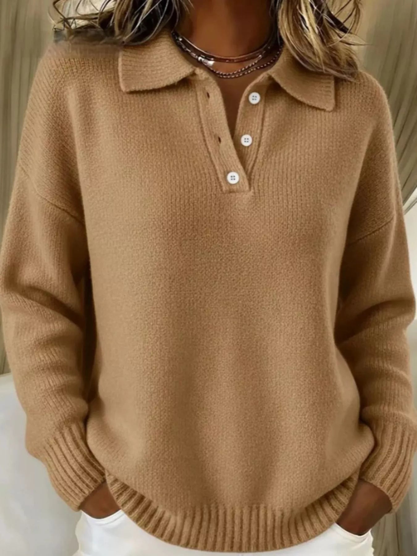 Women’s Textured Knit Polo Sweater – Soft, Elegant & Effortlessly Chic