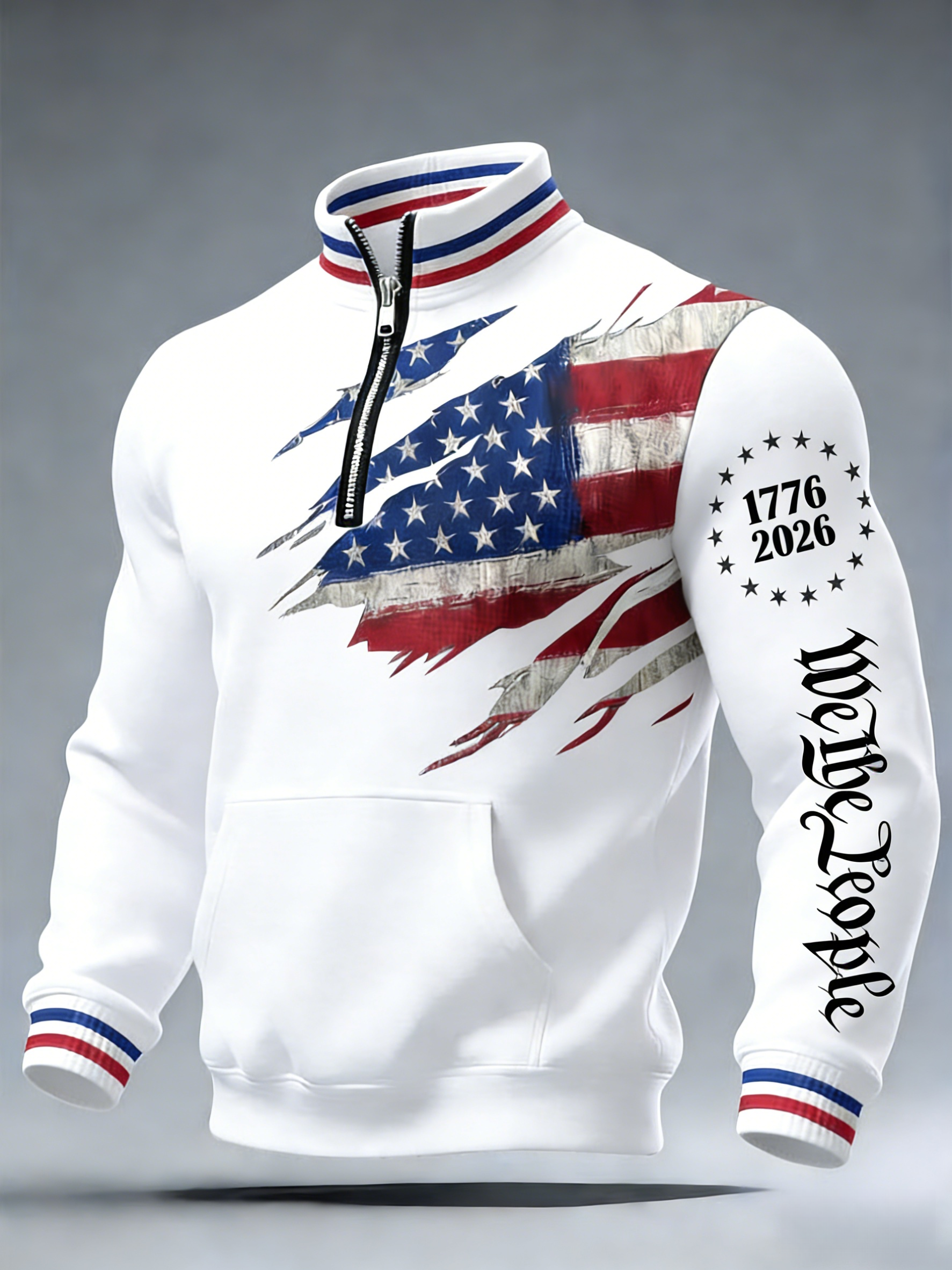 Men's 250th America Anniversary Casual Printed Stand Collar Zip Sweatshirt